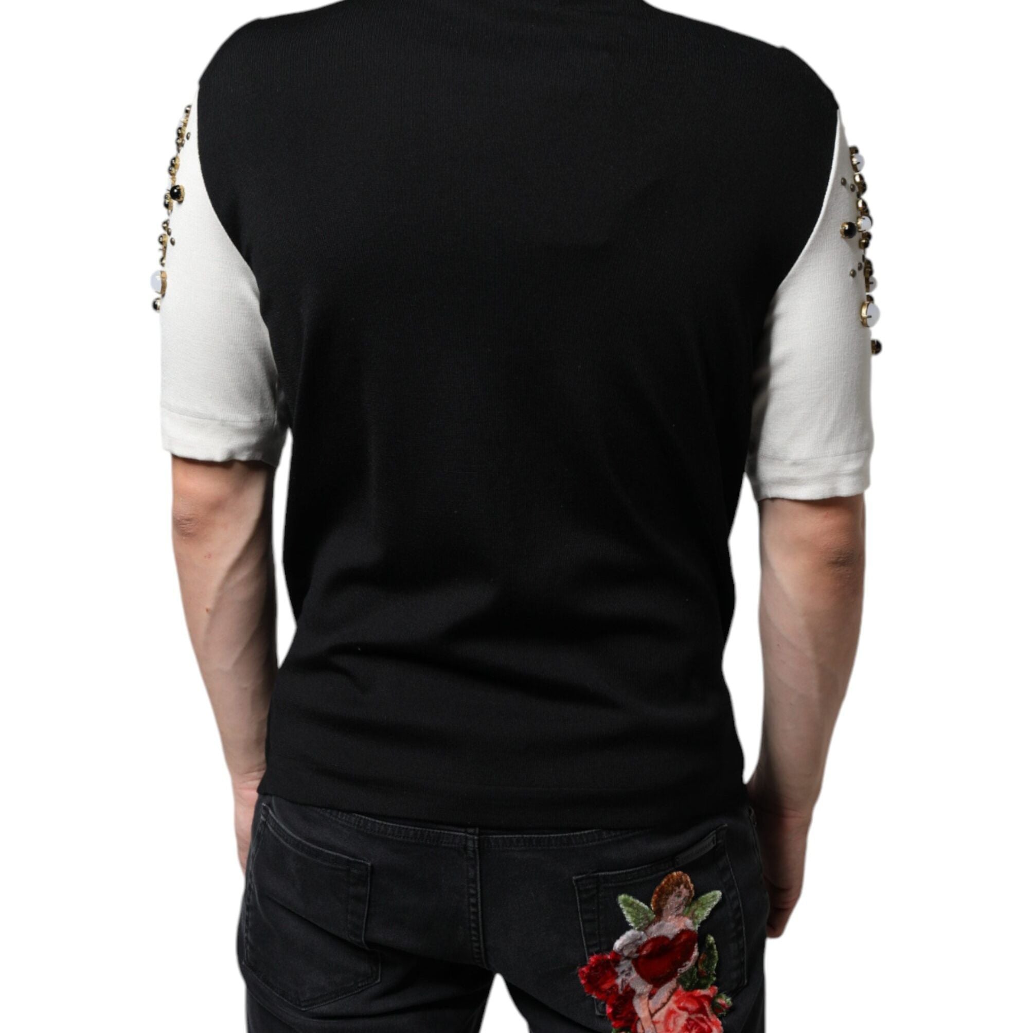 Dolce & Gabbana White Black Silk Studded Stone Crystal Shirt