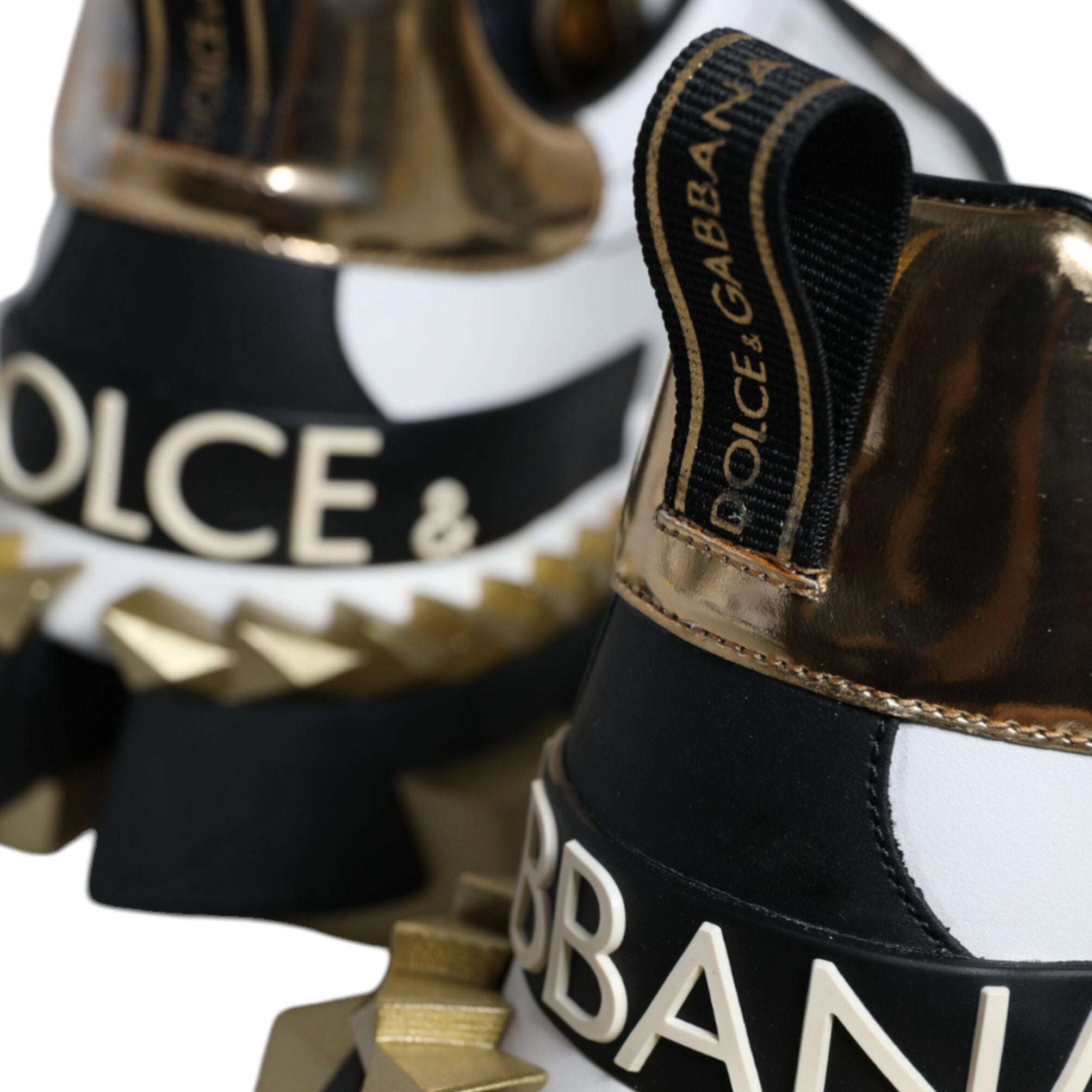 Dolce & Gabbana White Gold Black Leather SUPER KING Sneakers Shoes