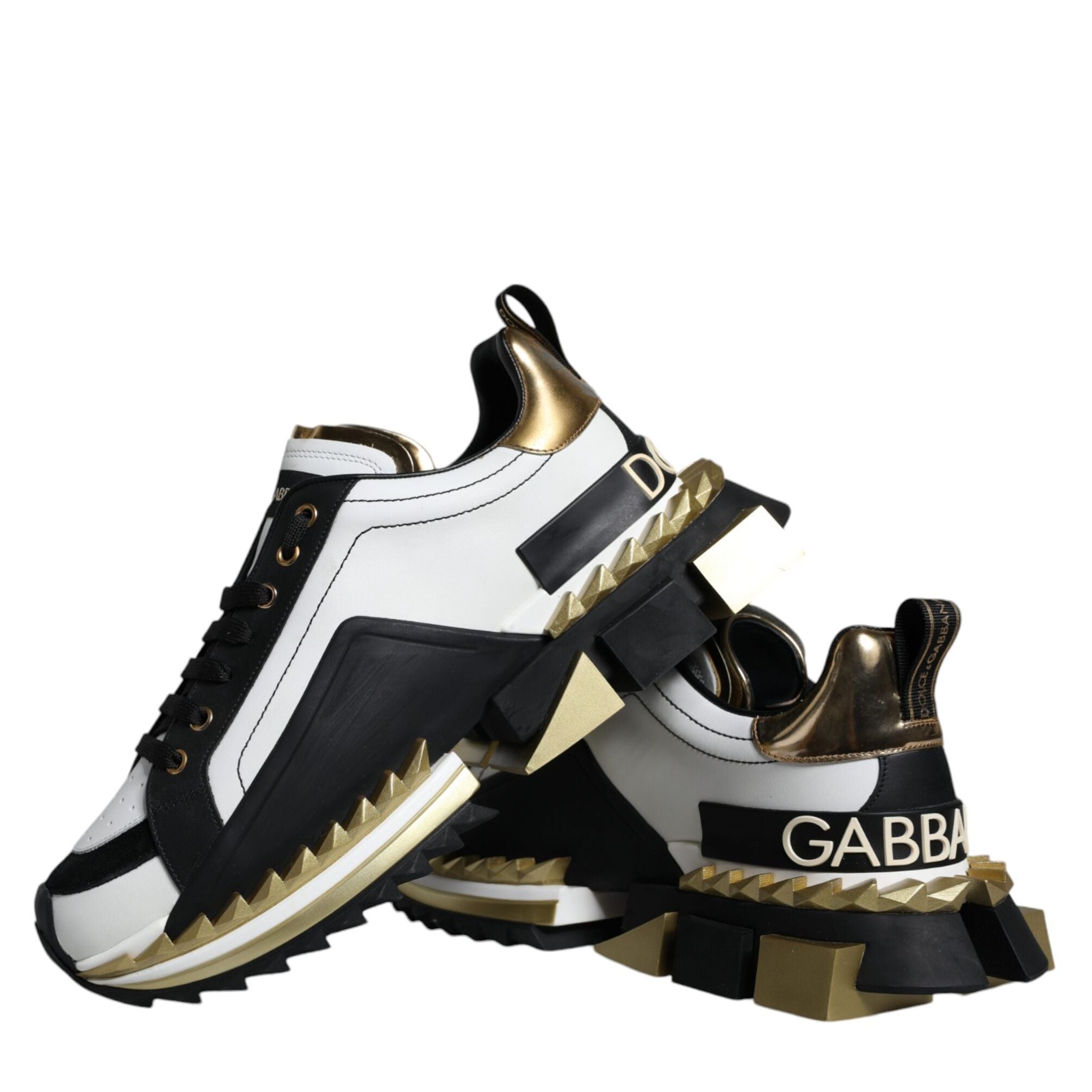 Dolce & Gabbana White Gold Black Leather SUPER KING Sneakers Shoes