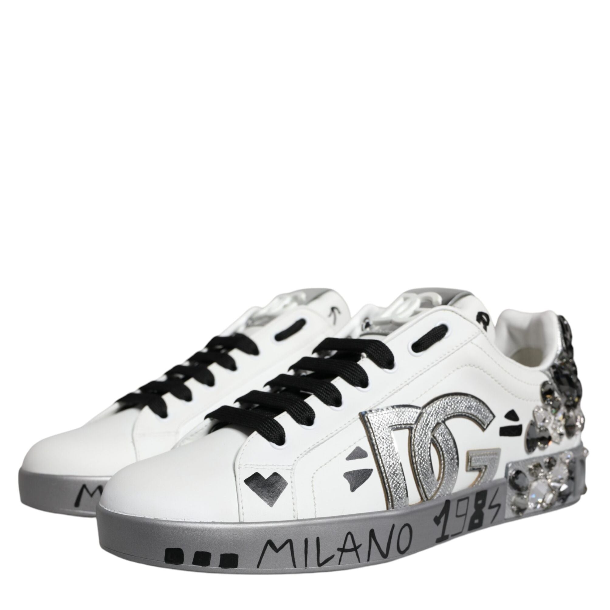Dolce & Gabbana White Silver Crystal Logo Portofino Sneakers Shoes