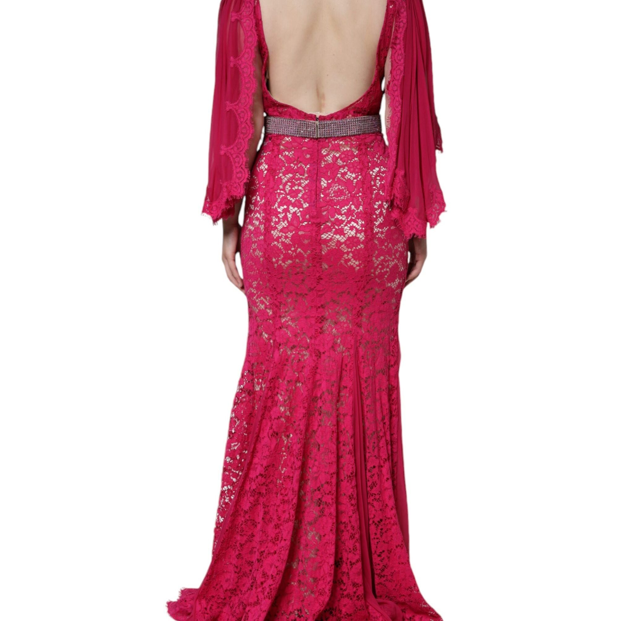 Dolce & Gabbana Pink Lace Crystal Sheath Long Gown Dress