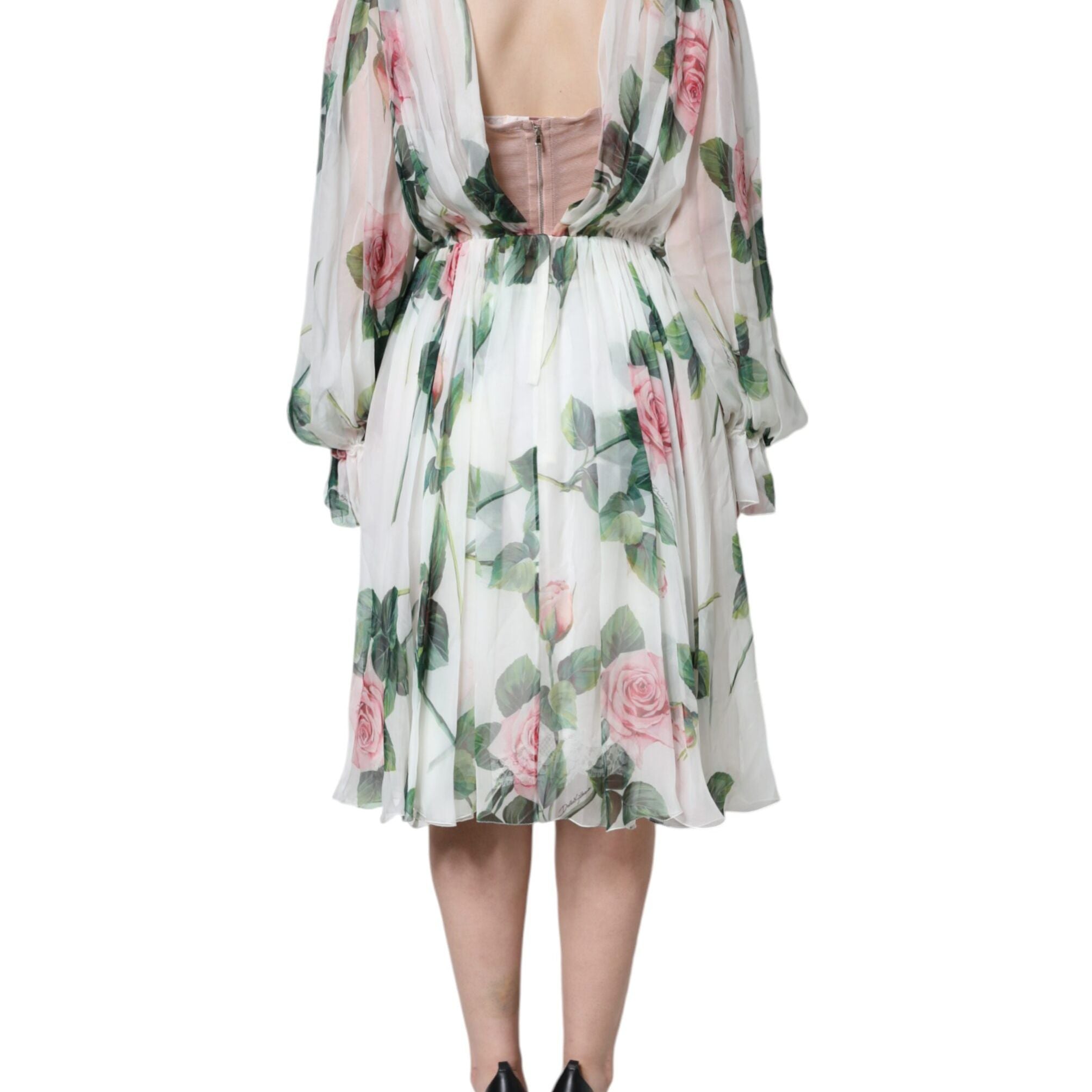 Dolce & Gabbana White Silk Floral Print A-line Midi Dress