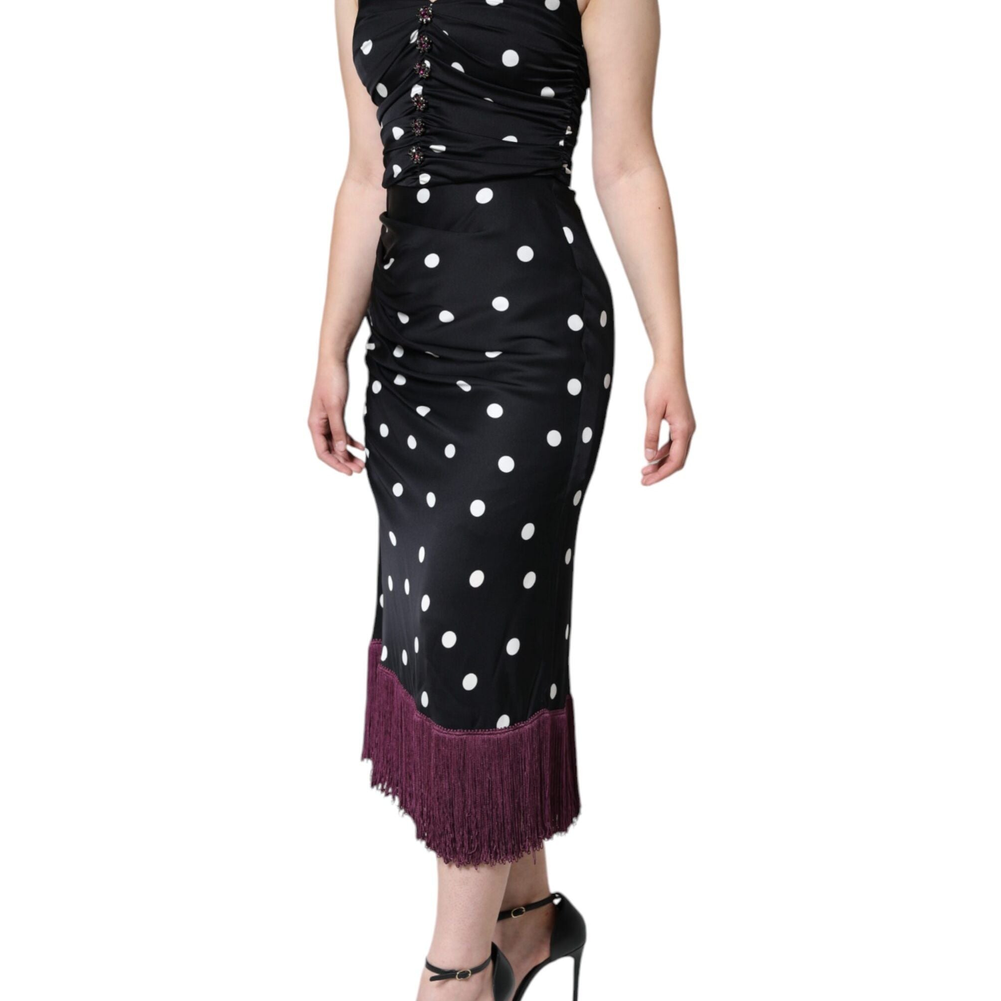 Dolce & Gabbana Black Silk Polka Dot Vneck Tassel Midi Dress