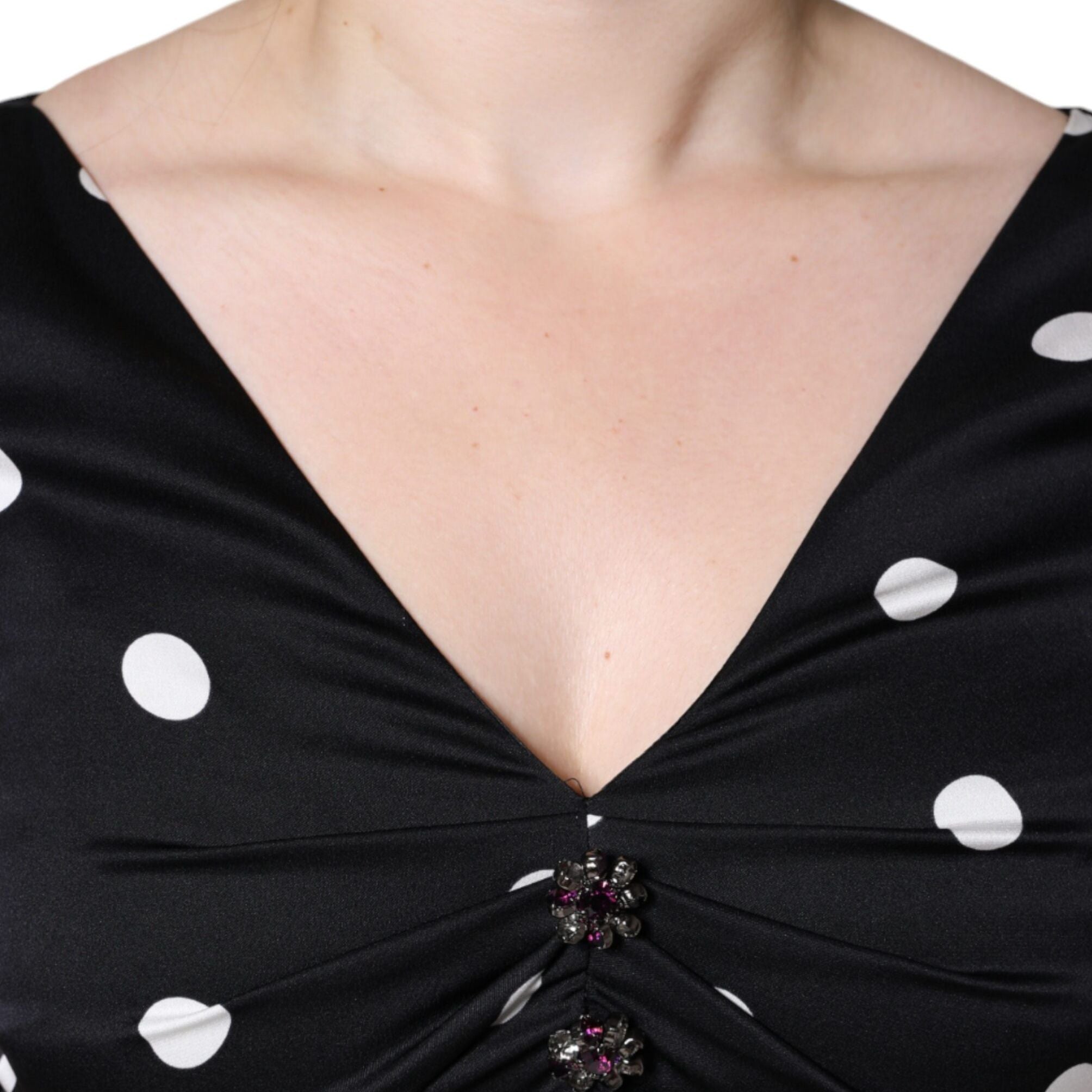 Dolce & Gabbana Black Silk Polka Dot Vneck Tassel Midi Dress