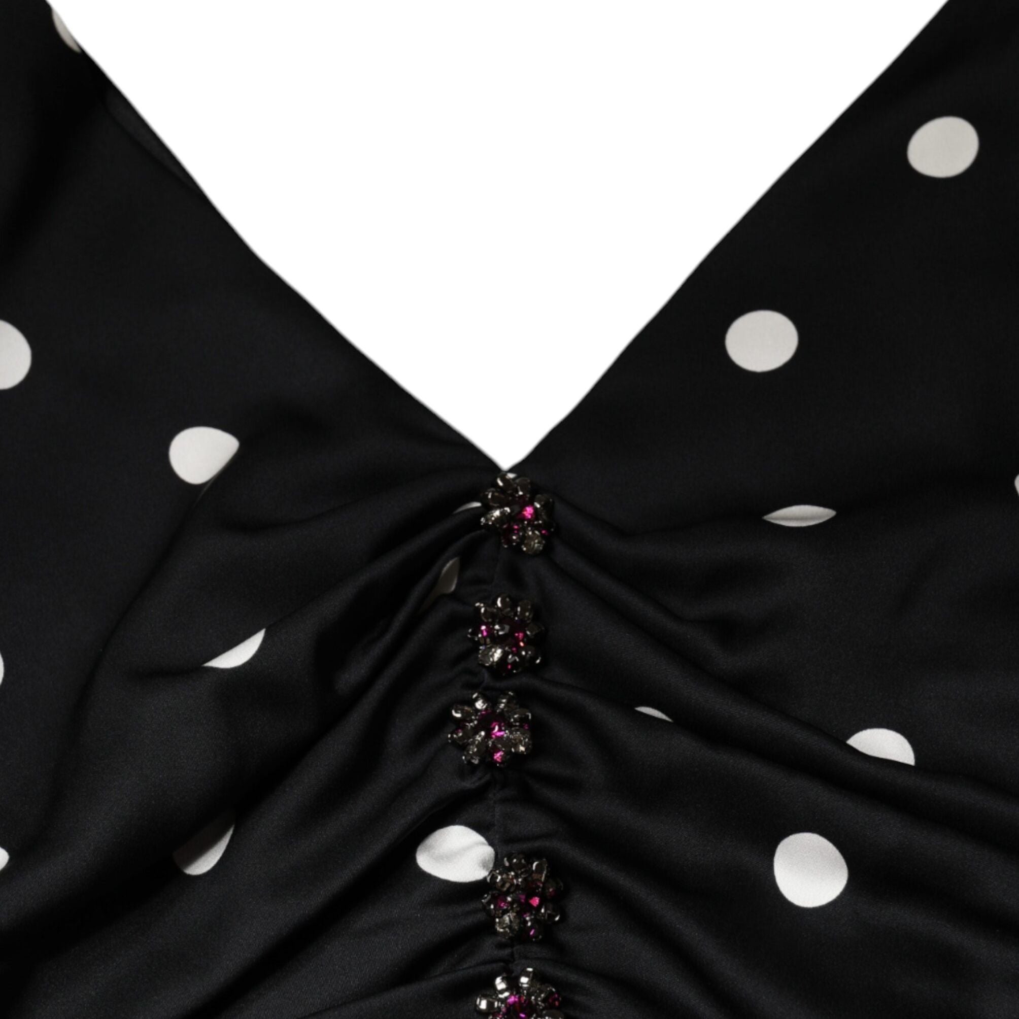 Dolce & Gabbana Black Silk Polka Dot Vneck Tassel Midi Dress
