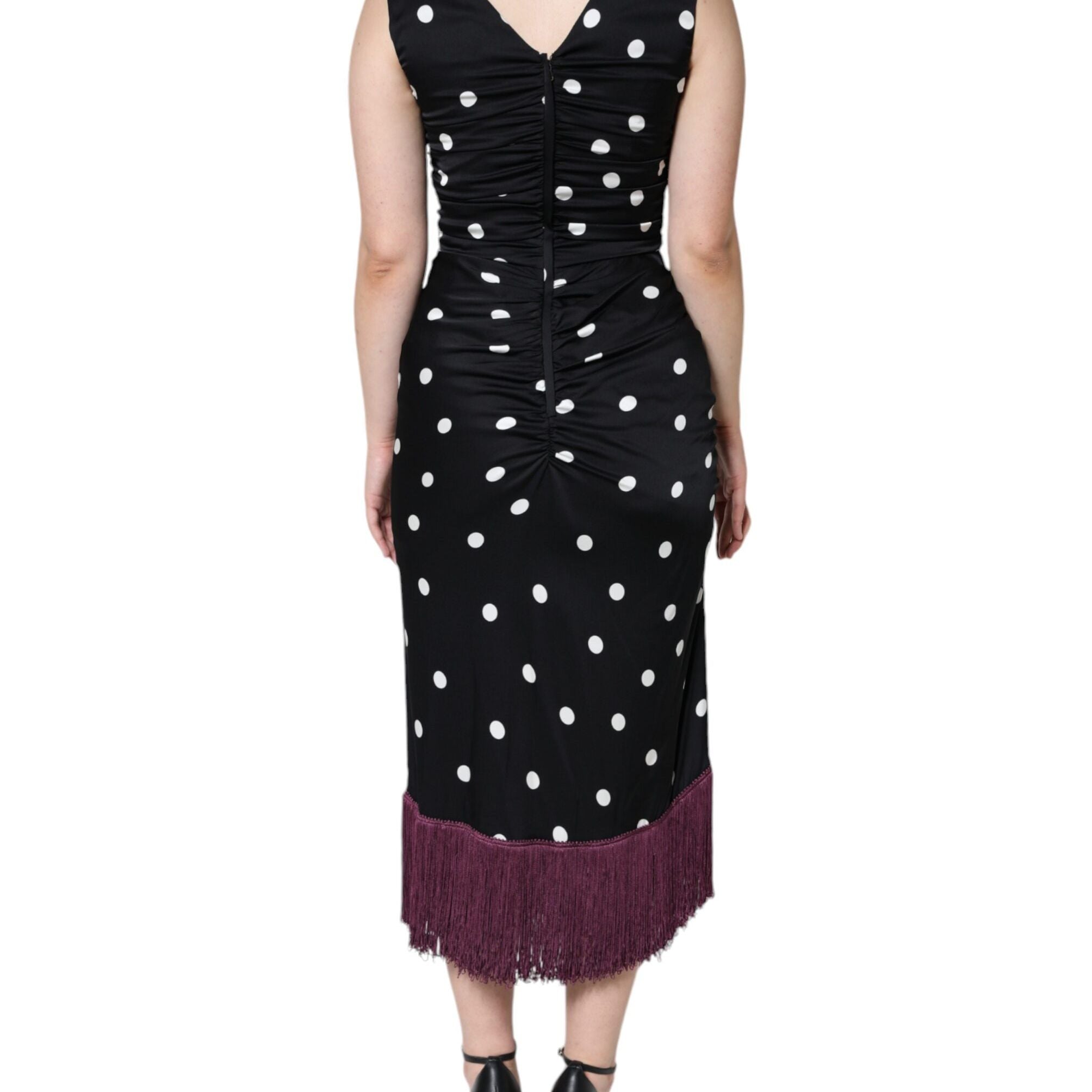Dolce & Gabbana Black Silk Polka Dot Vneck Tassel Midi Dress