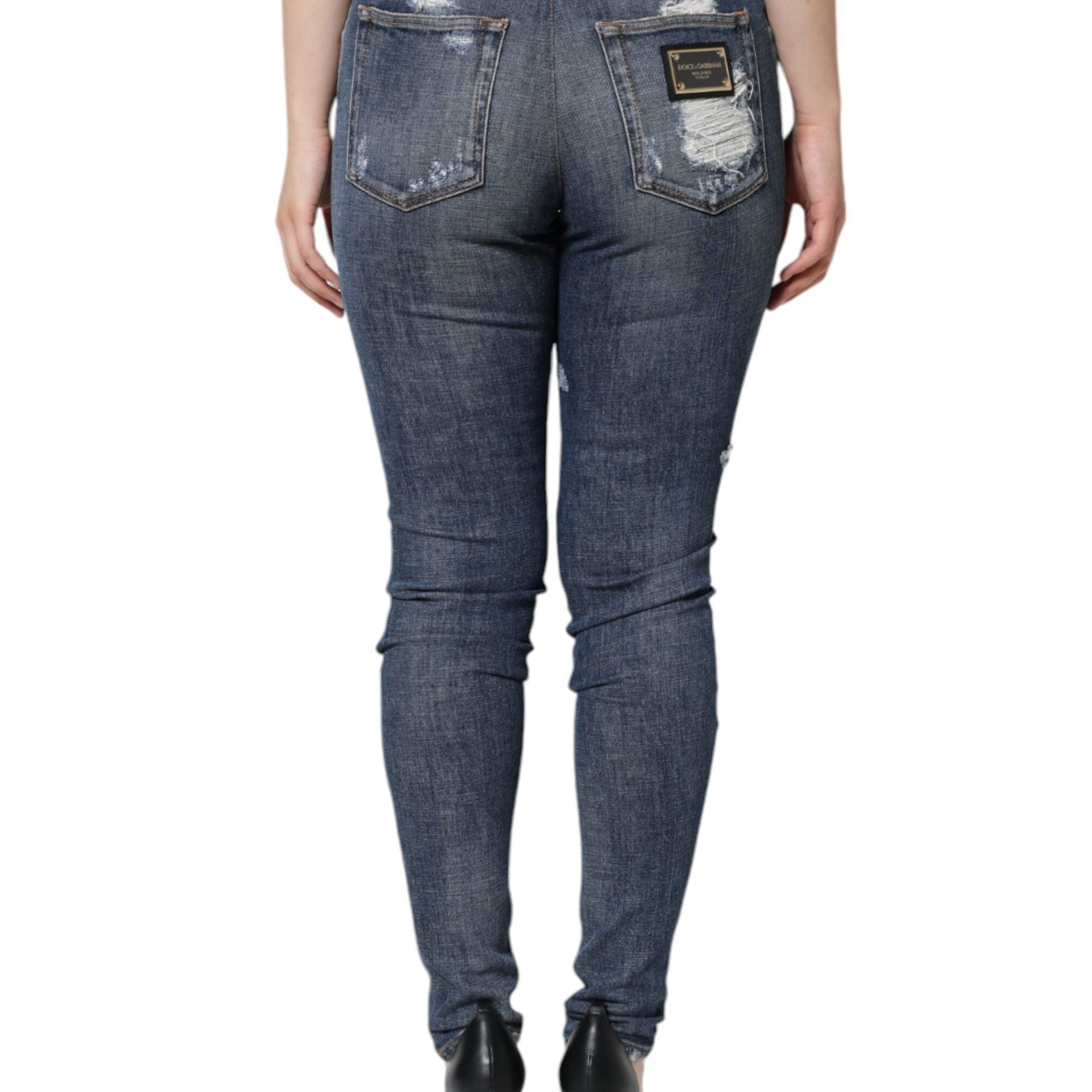 Dolce & Gabbana Blue Cotton Stretch Tattered Skinny Jeans