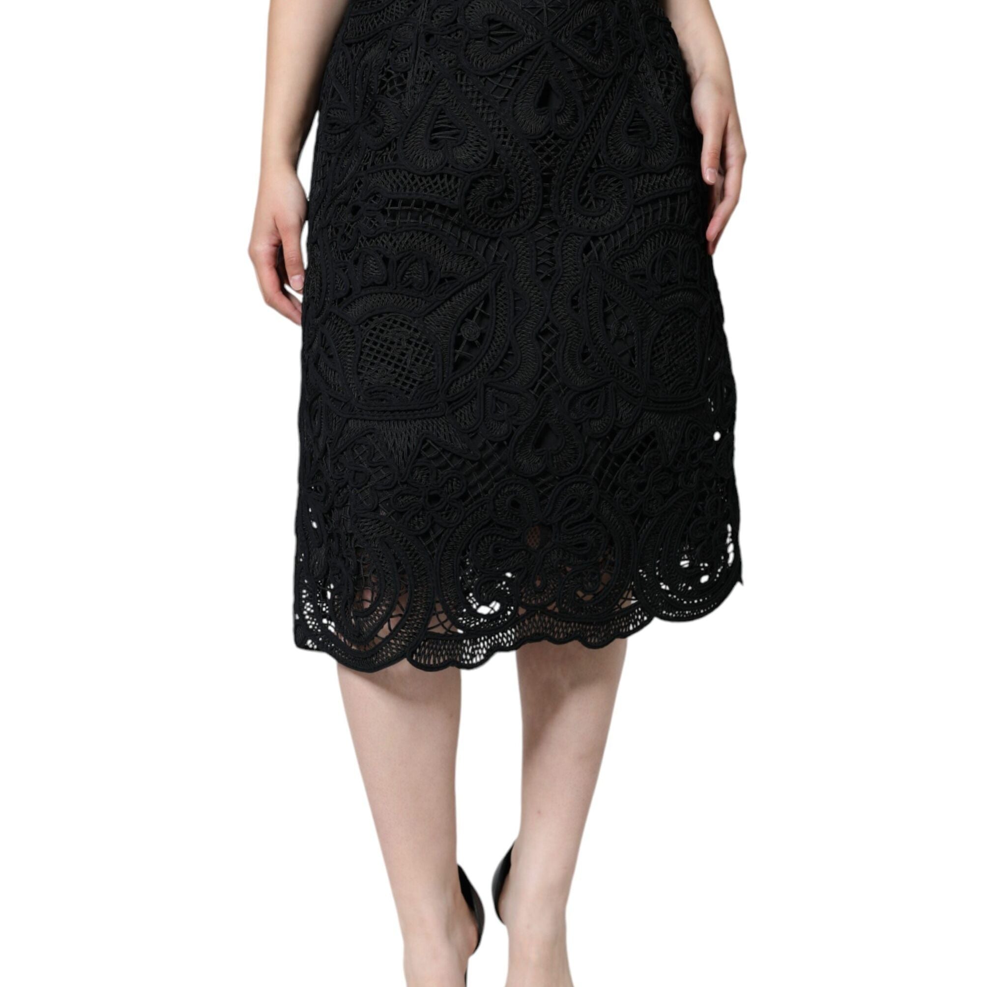 Dolce & Gabbana Black Floral Lace High Waist Pencil Cut Skirt