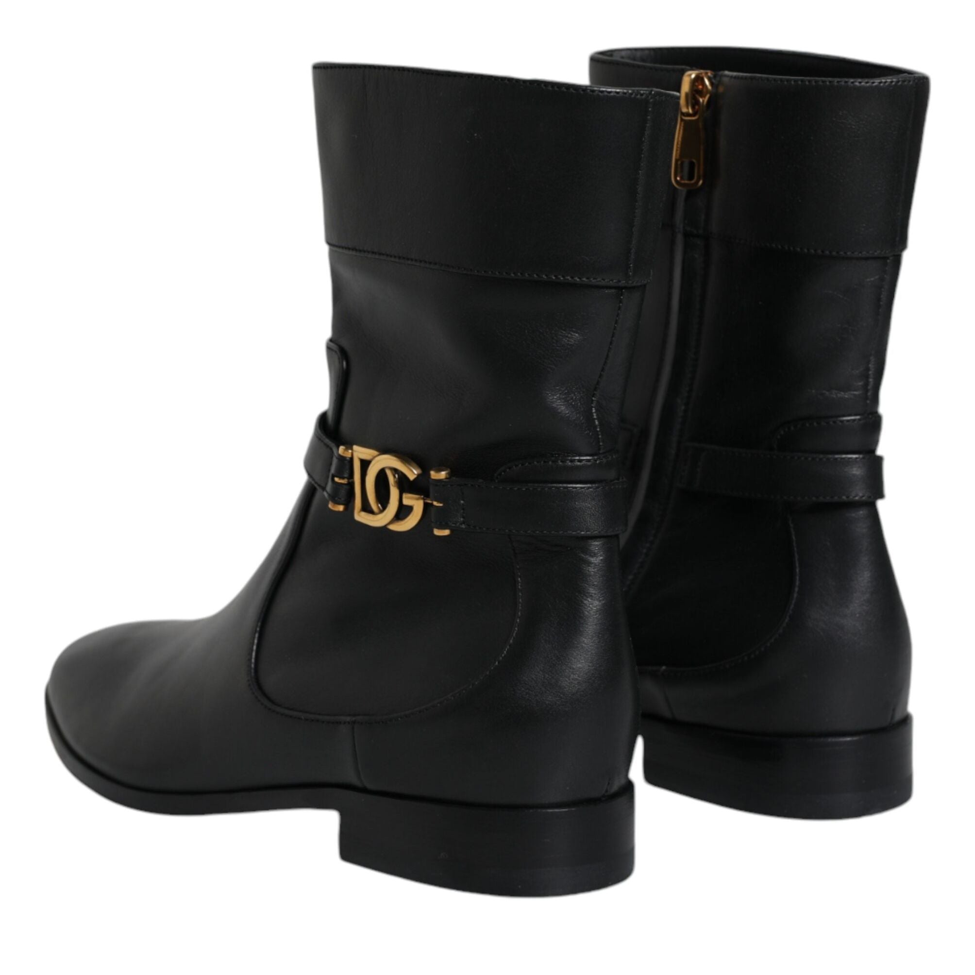 Dolce & Gabbana Black Leather Logo Mid Calf Boots Shoes