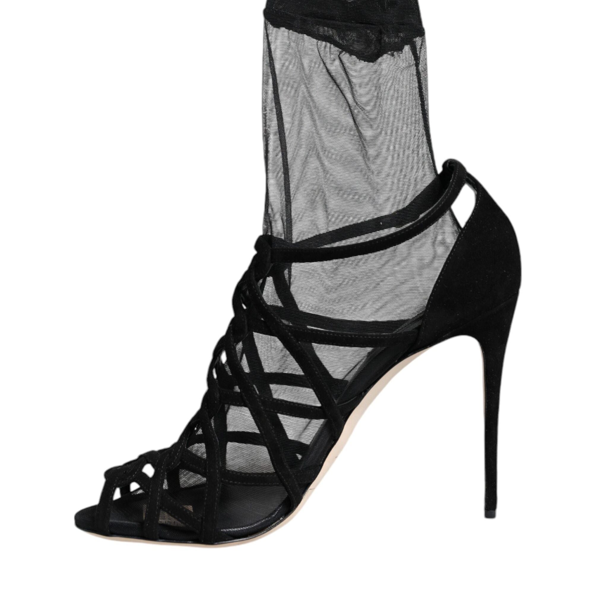 Dolce & Gabbana Black Tulle Stretch Heels Sandals Shoes