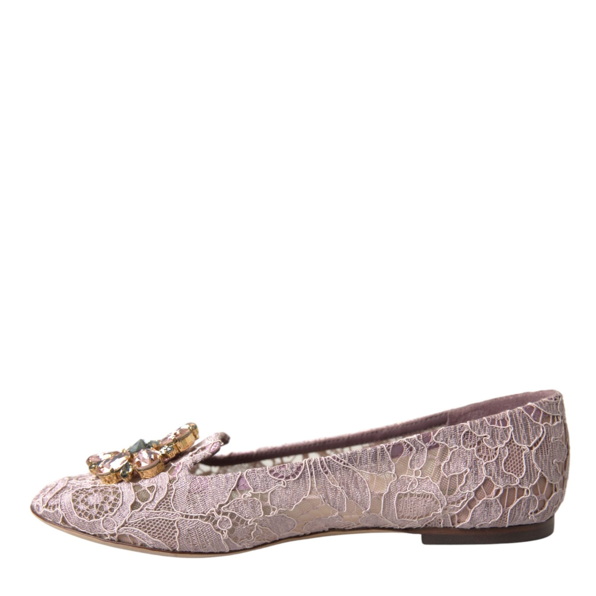 Dolce & Gabbana Pink Lace Crystal Ballet Flats Loafers Shoes