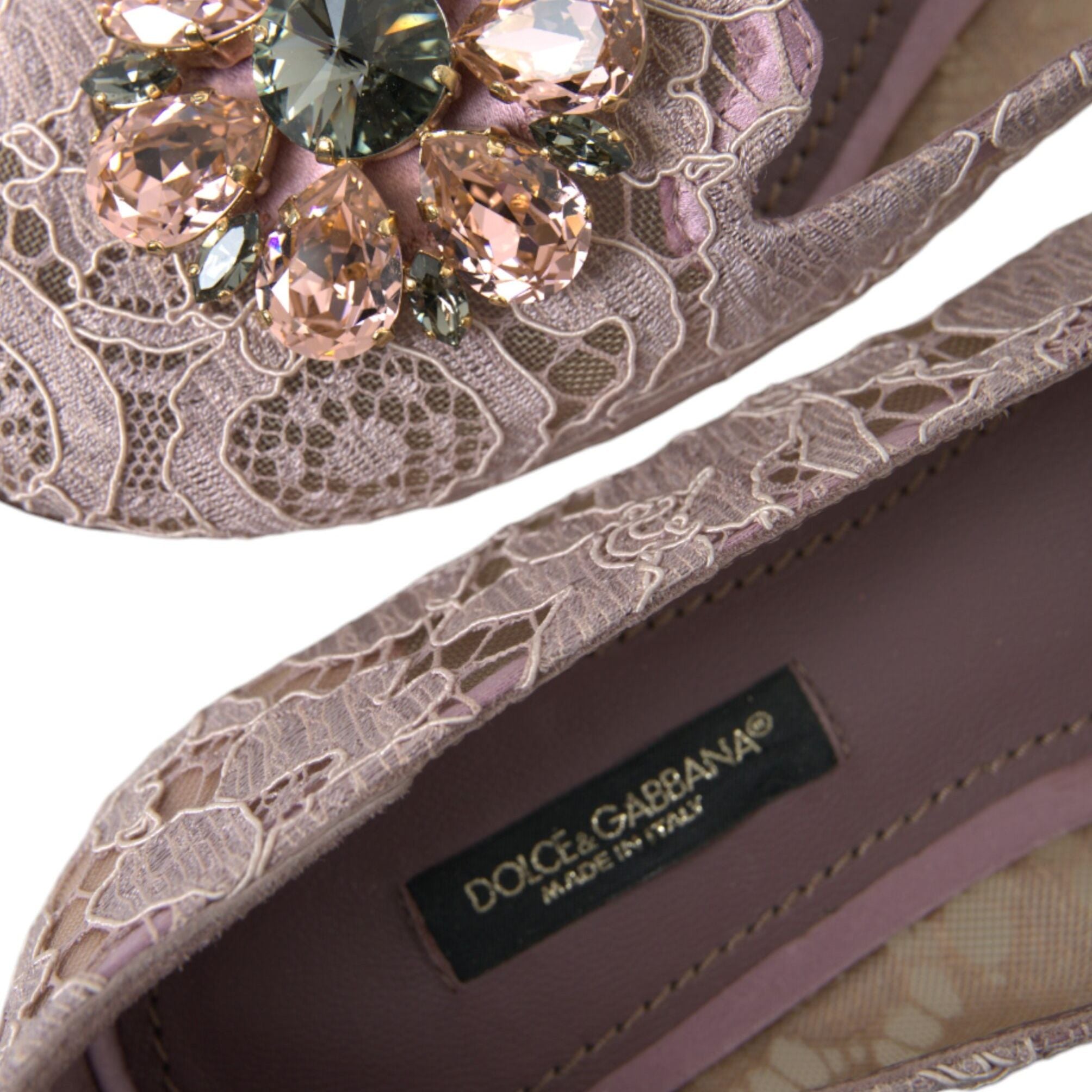 Dolce & Gabbana Pink Lace Crystal Ballet Flats Loafers Shoes