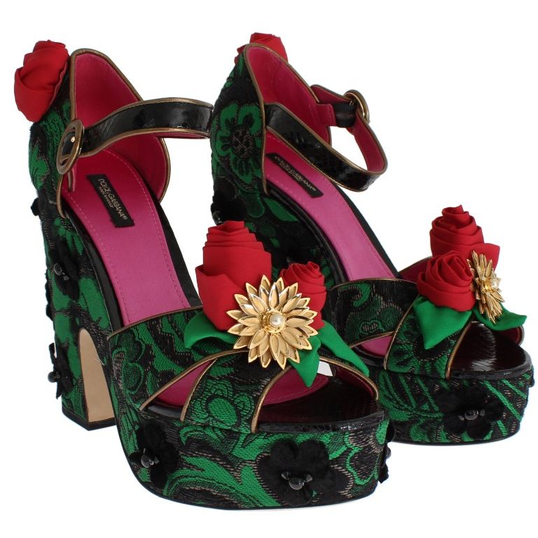 Dolce & Gabbana Green Brocade Snakeskin Roses Crystal Shoes