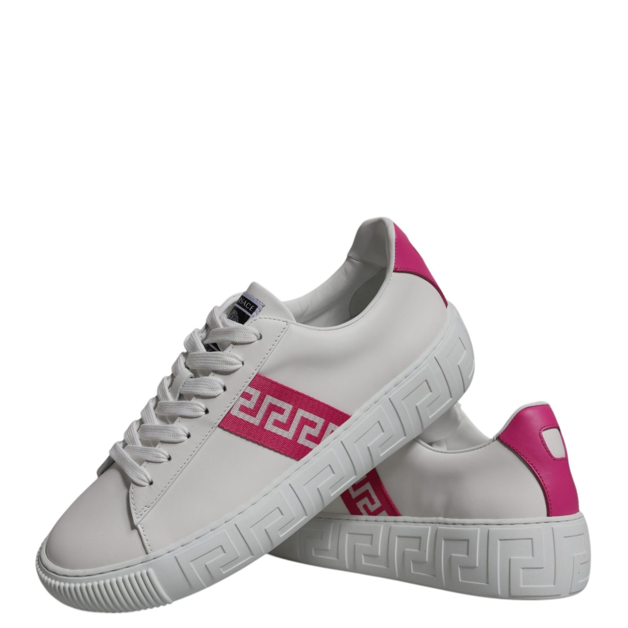 Versace White Pink Greca Print Platform Low Top Sneakers Shoes