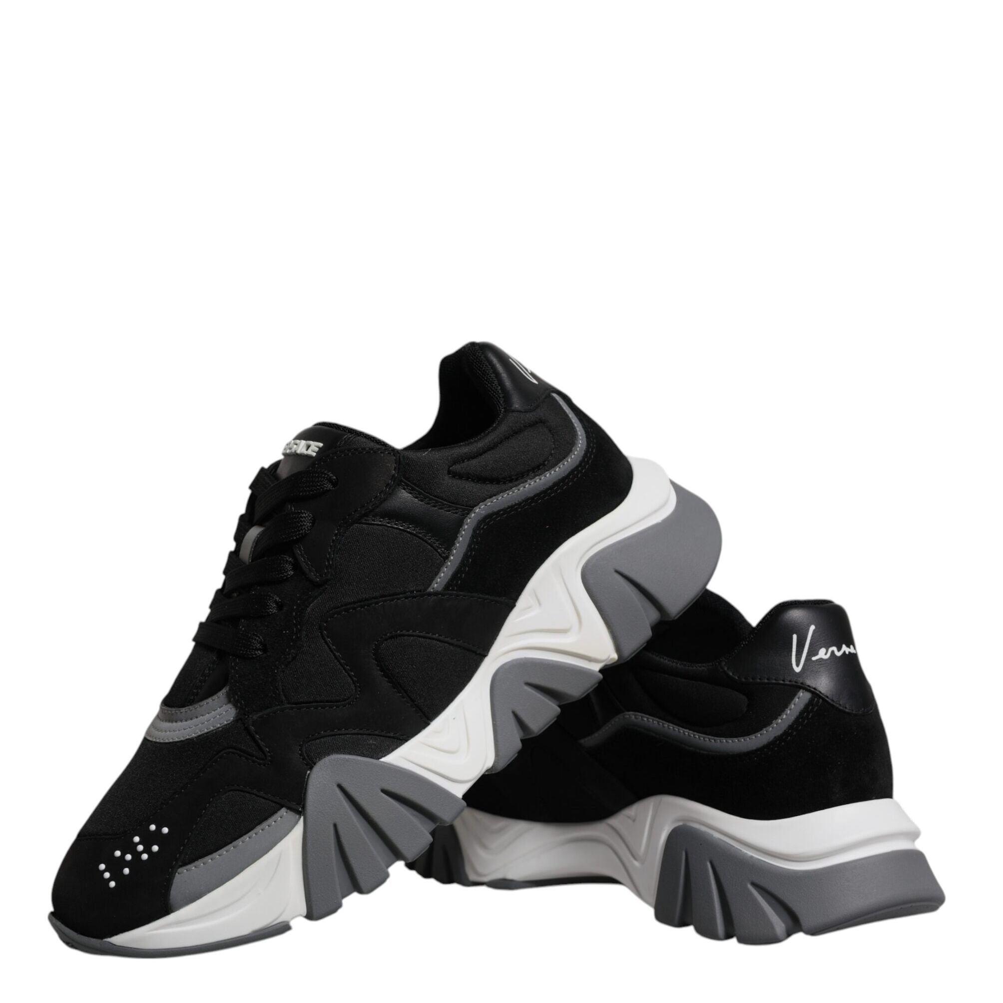 Versace Black Leather Neoprene Chunky Low Top Sneakers Squalo Shoes