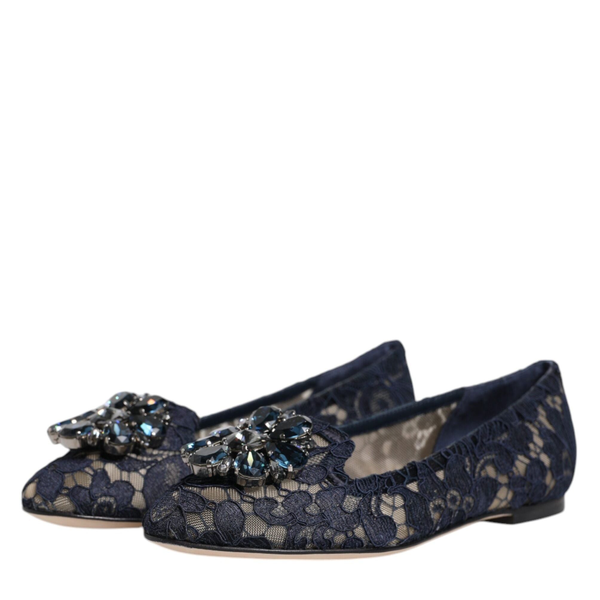 Dolce & Gabbana Blue Taormina Lace Crystals Flats Shoes