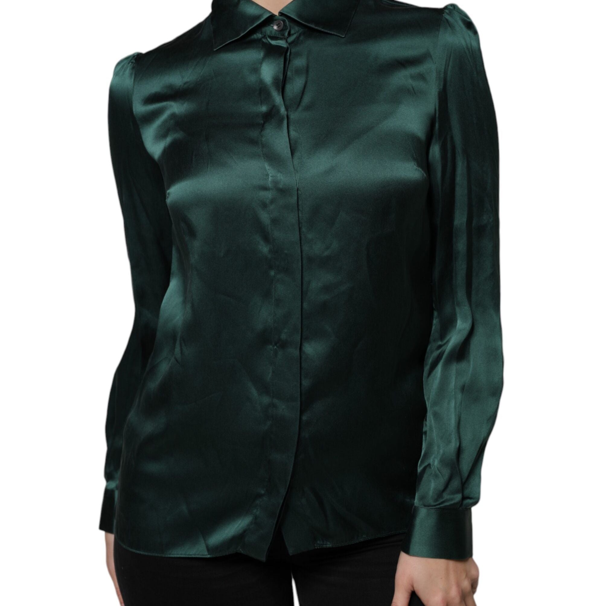 Dolce & Gabbana Dark Green Silk Button Down Long Sleeves Blouse Top