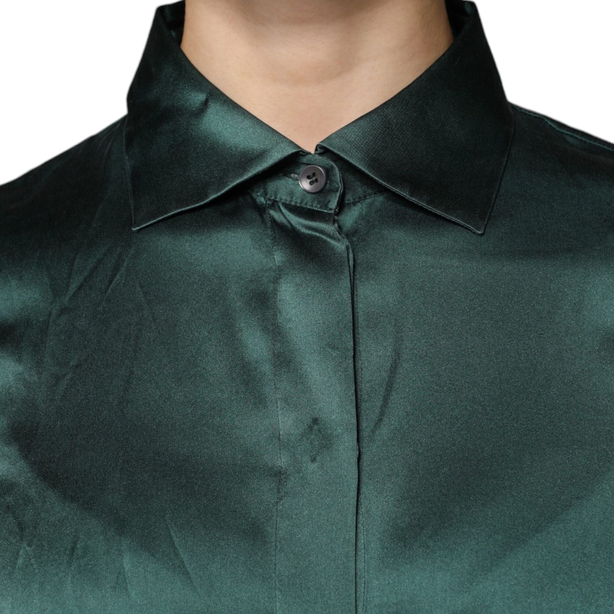 Dolce & Gabbana Dark Green Silk Button Down Long Sleeves Blouse Top