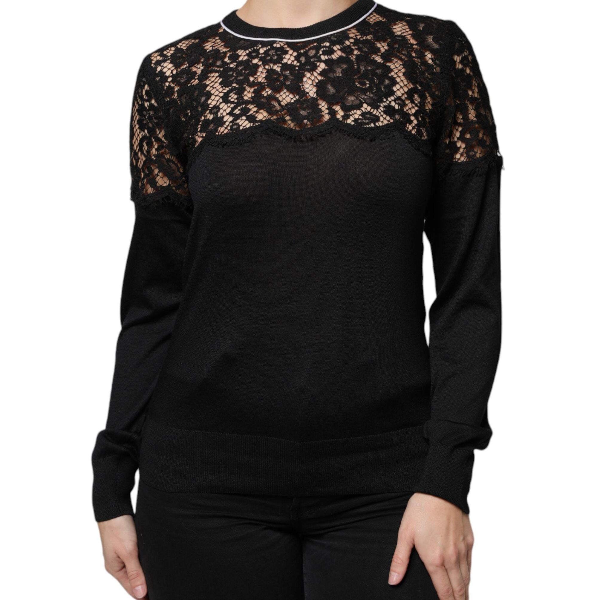 Dolce & Gabbana Black Floral Lace Silk Pullover Blouse Top