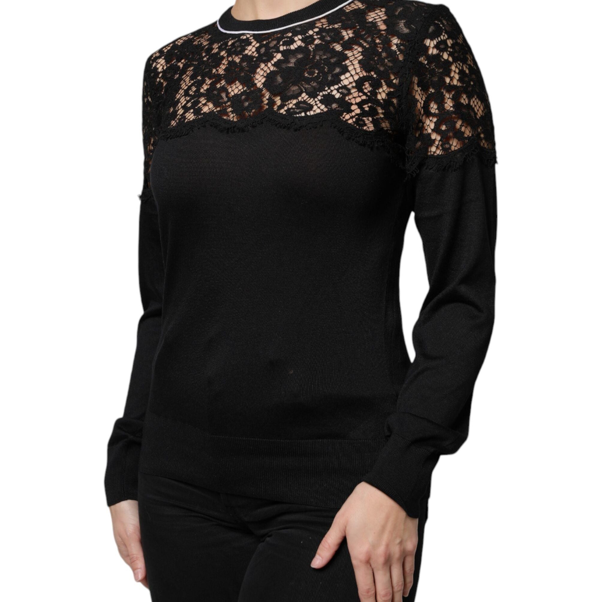Dolce & Gabbana Black Floral Lace Silk Pullover Blouse Top