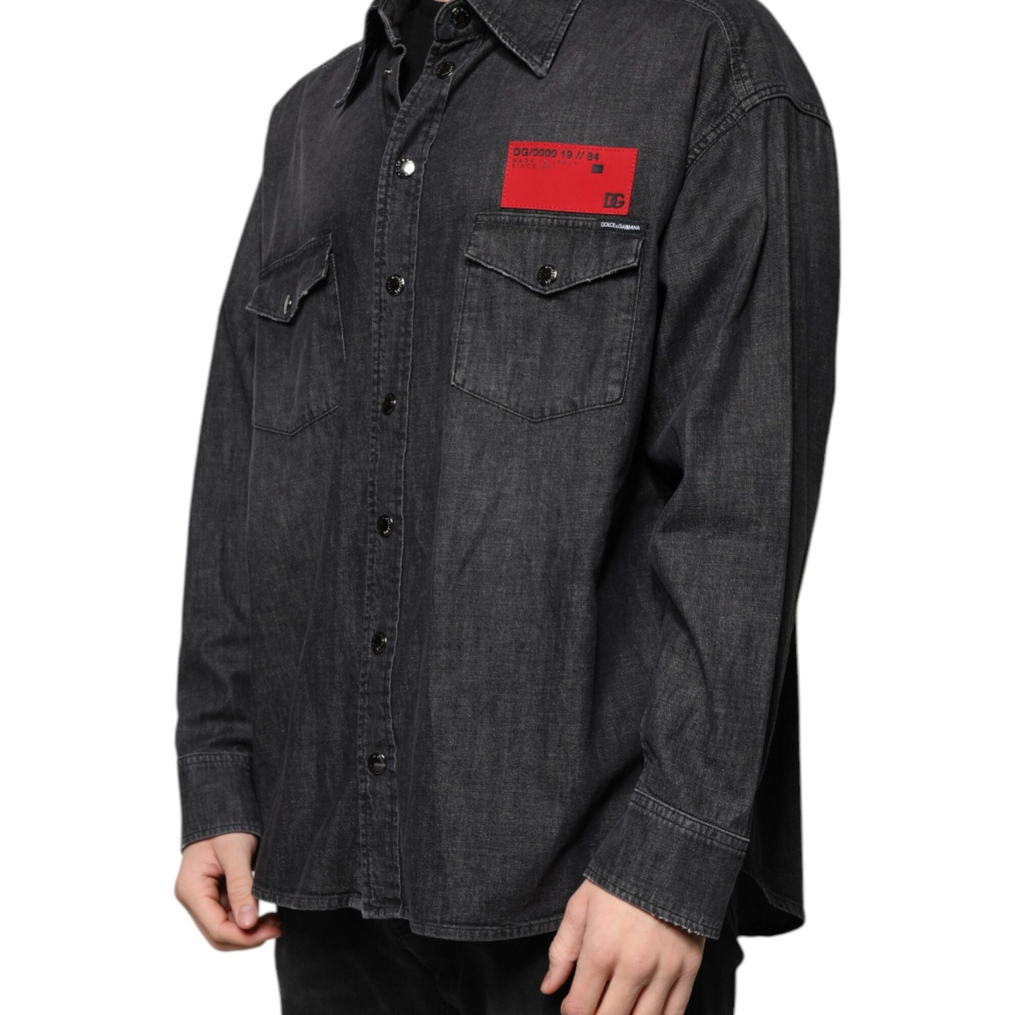 Dolce & Gabbana Black Logo Cotton Button Down Denim Shirt