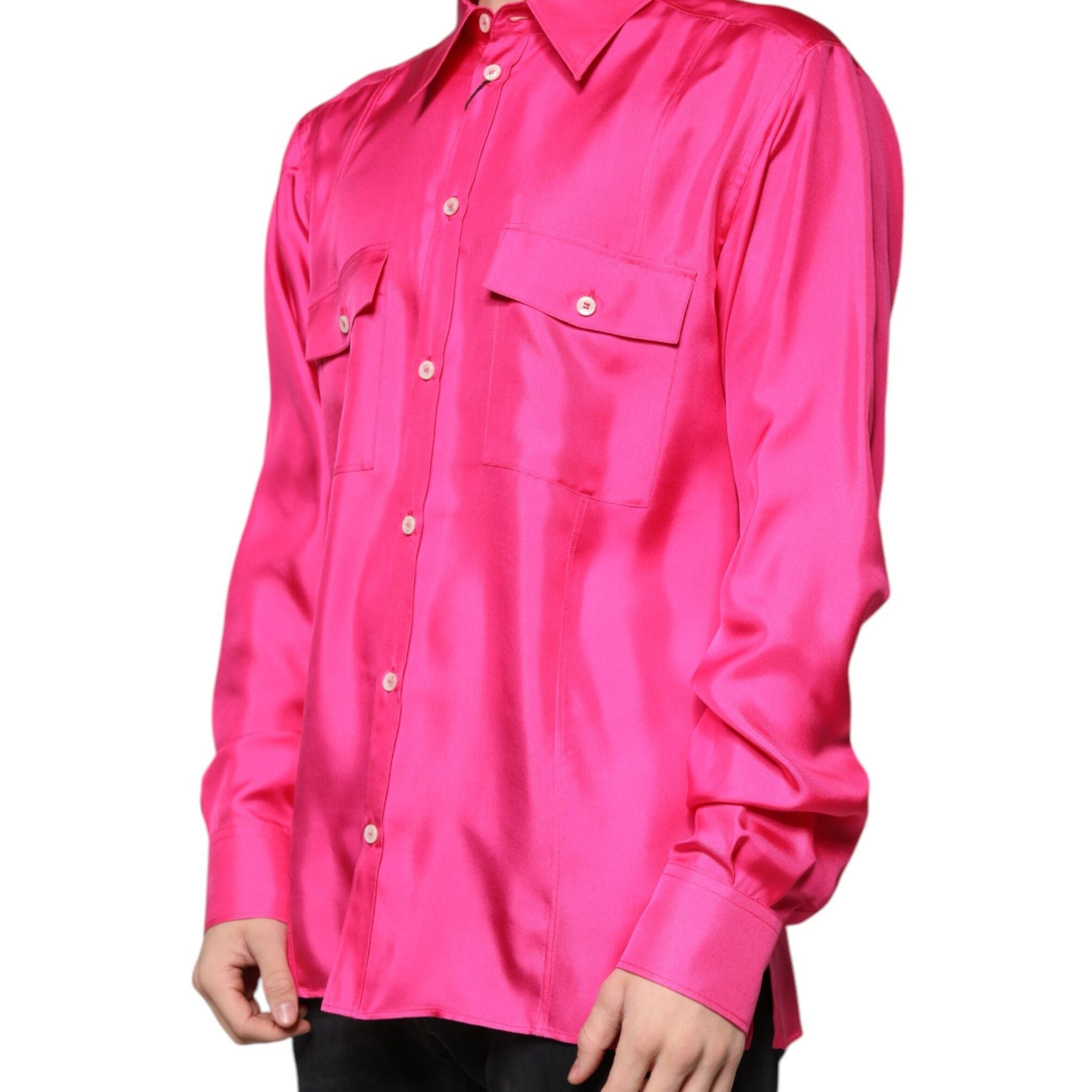 Dolce & Gabbana Pink Silk Collared Button Down Men Shirt