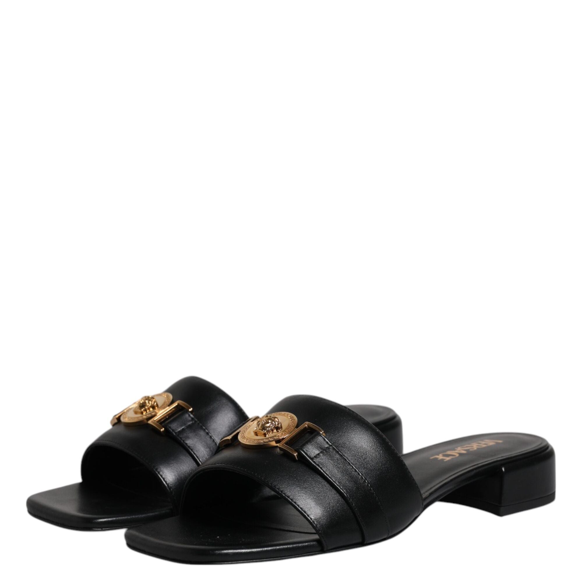 Versace Black Leather Logo Plaque Slip On Slides Flats Shoes