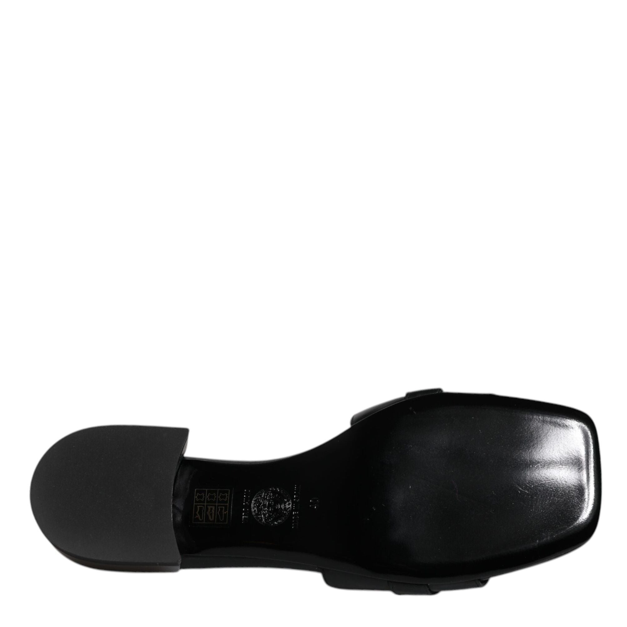 Versace Black Leather Logo Plaque Slip On Slides Flats Shoes