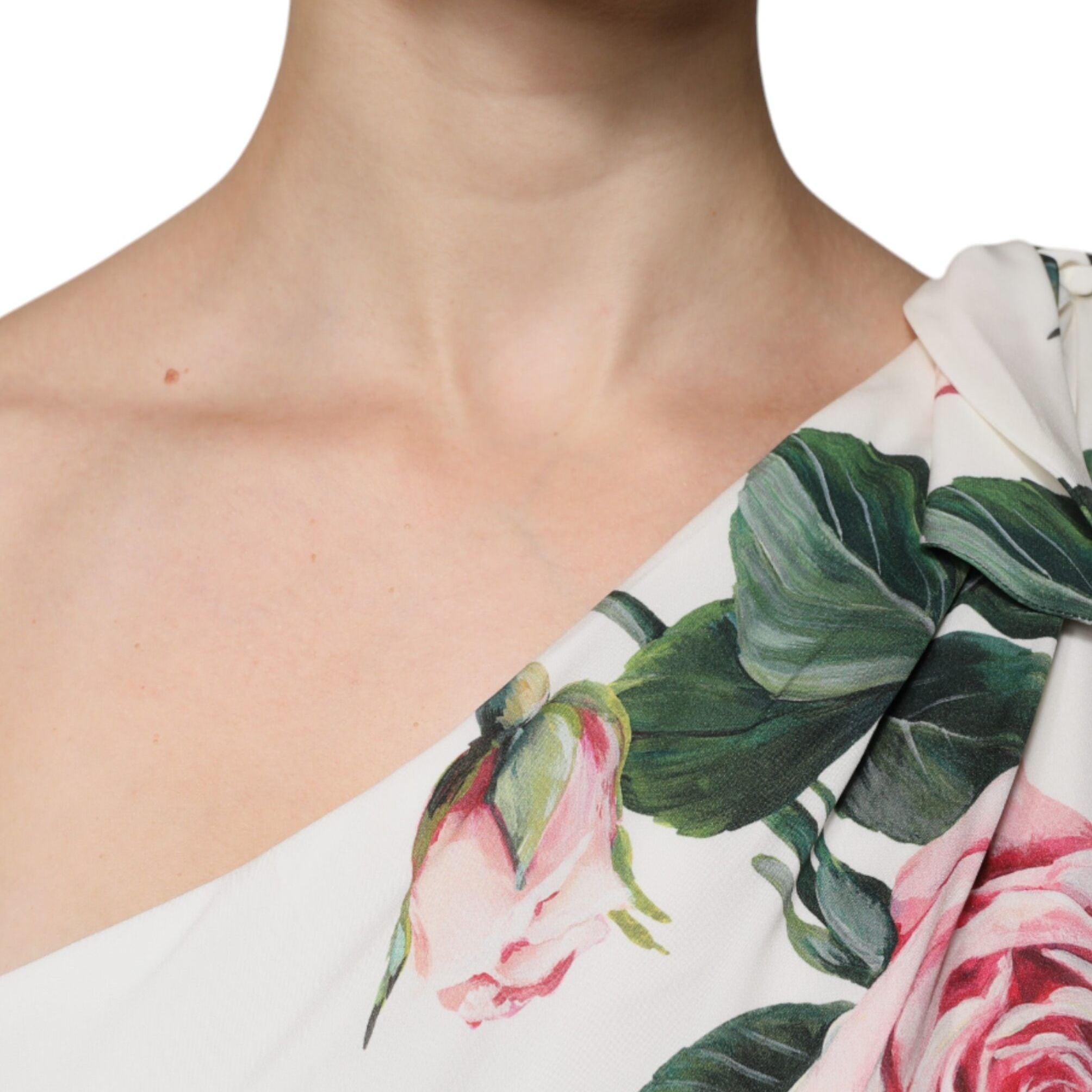 Dolce & Gabbana White Floral Silk One Shoulder Midi Dress