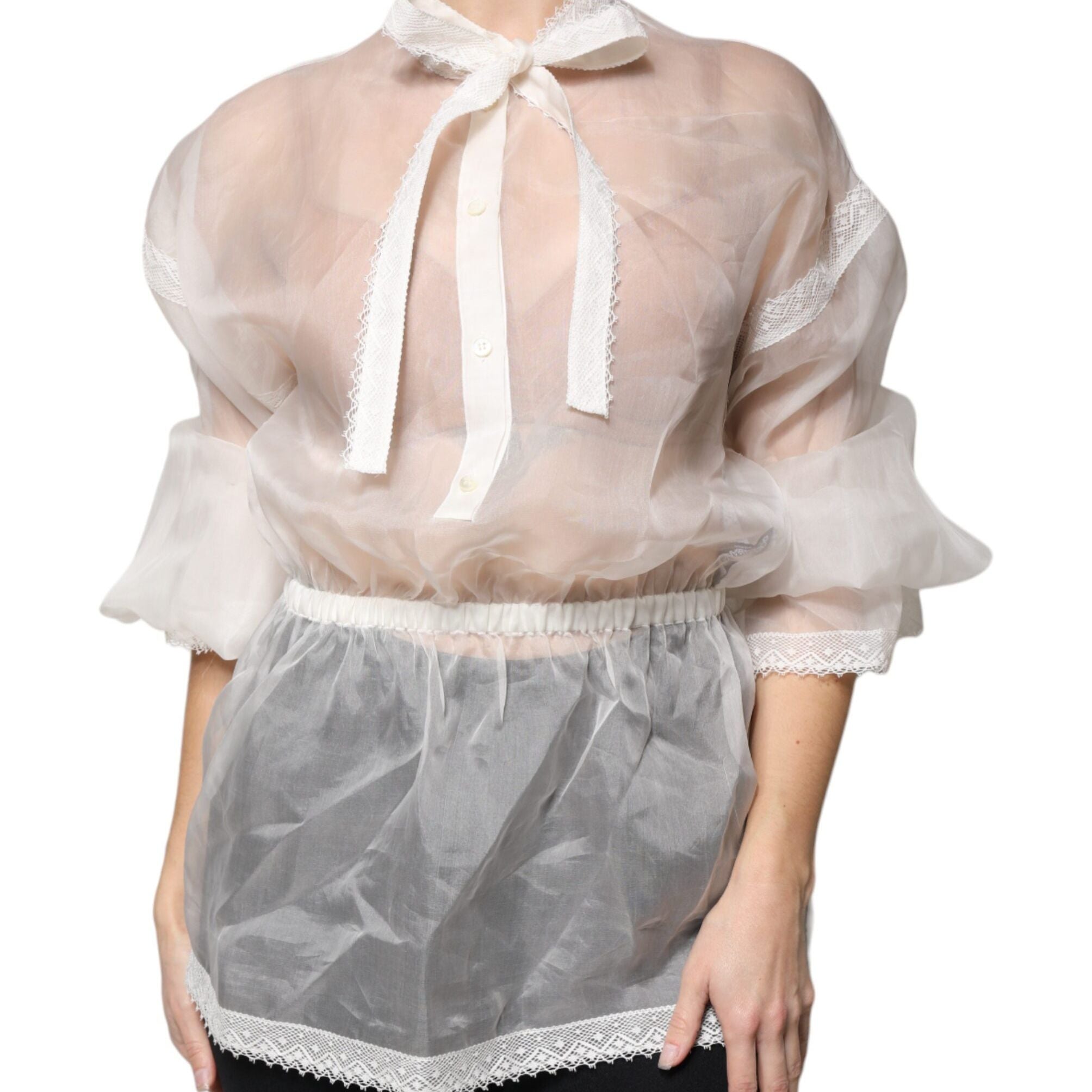 Dolce & Gabbana White Ascot Collar Long Sleeves Blouse Top
