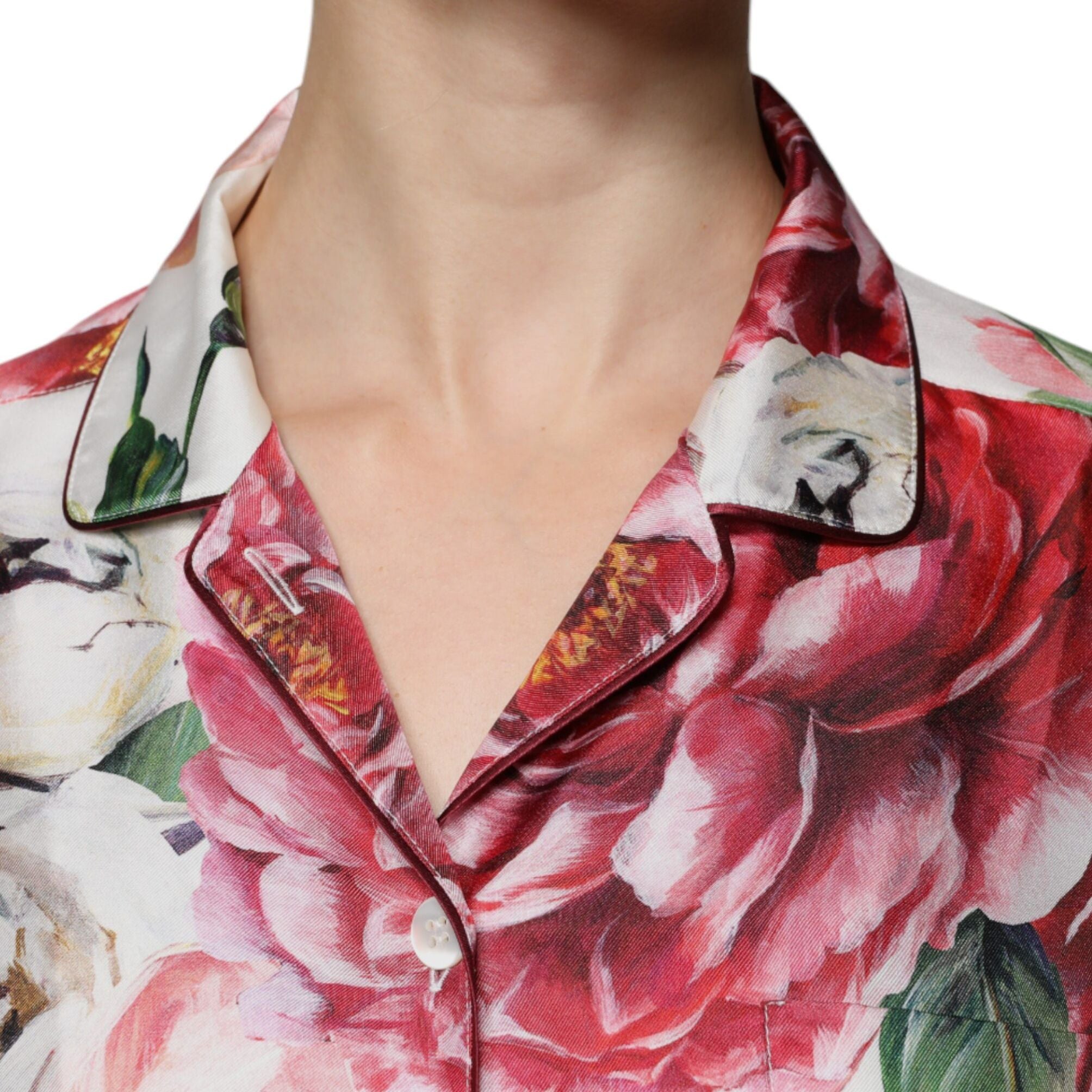 Dolce & Gabbana White Peony Silk Long Sleeves Collared Blouse Top