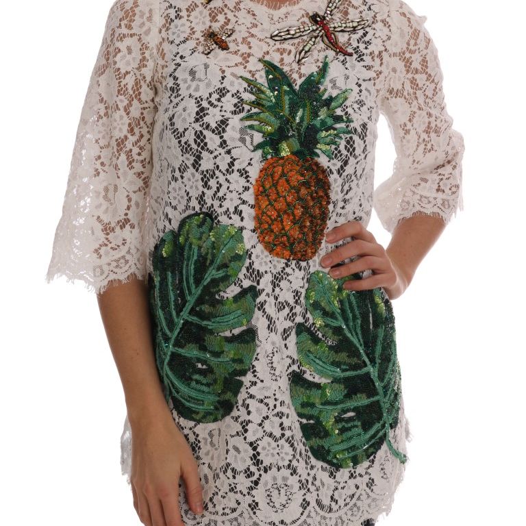 Dolce & Gabbana White Crystal Embellished Lace Blouse