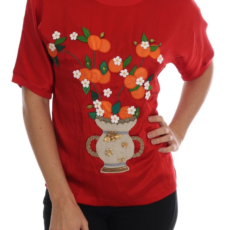 Dolce & Gabbana Red Silk Orange Vase Crystal Top