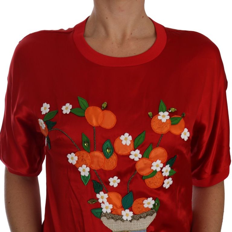 Dolce & Gabbana Red Silk Orange Vase Crystal Top