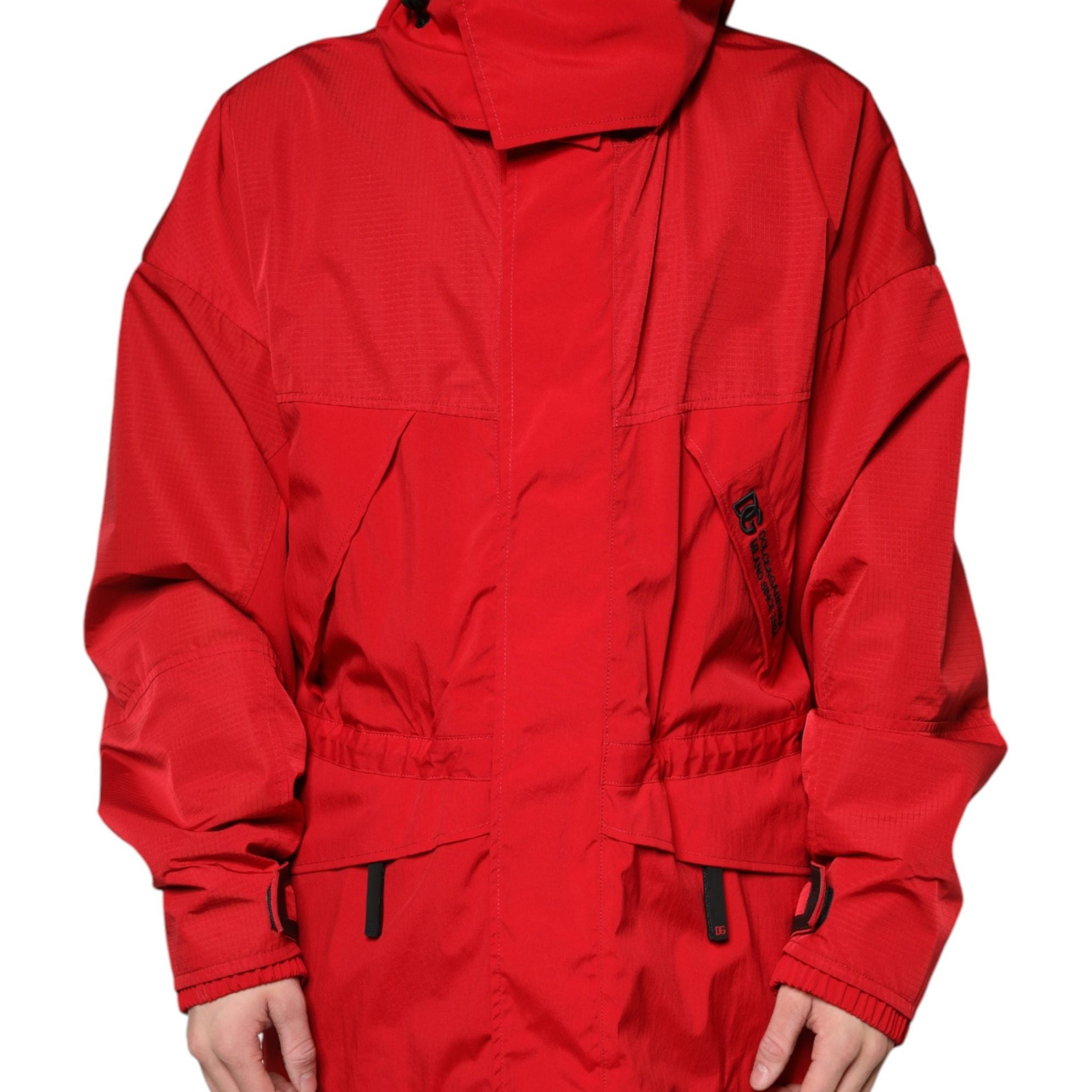 Dolce & Gabbana Red Nylon Hooded Men Full Zip Parka Jacket