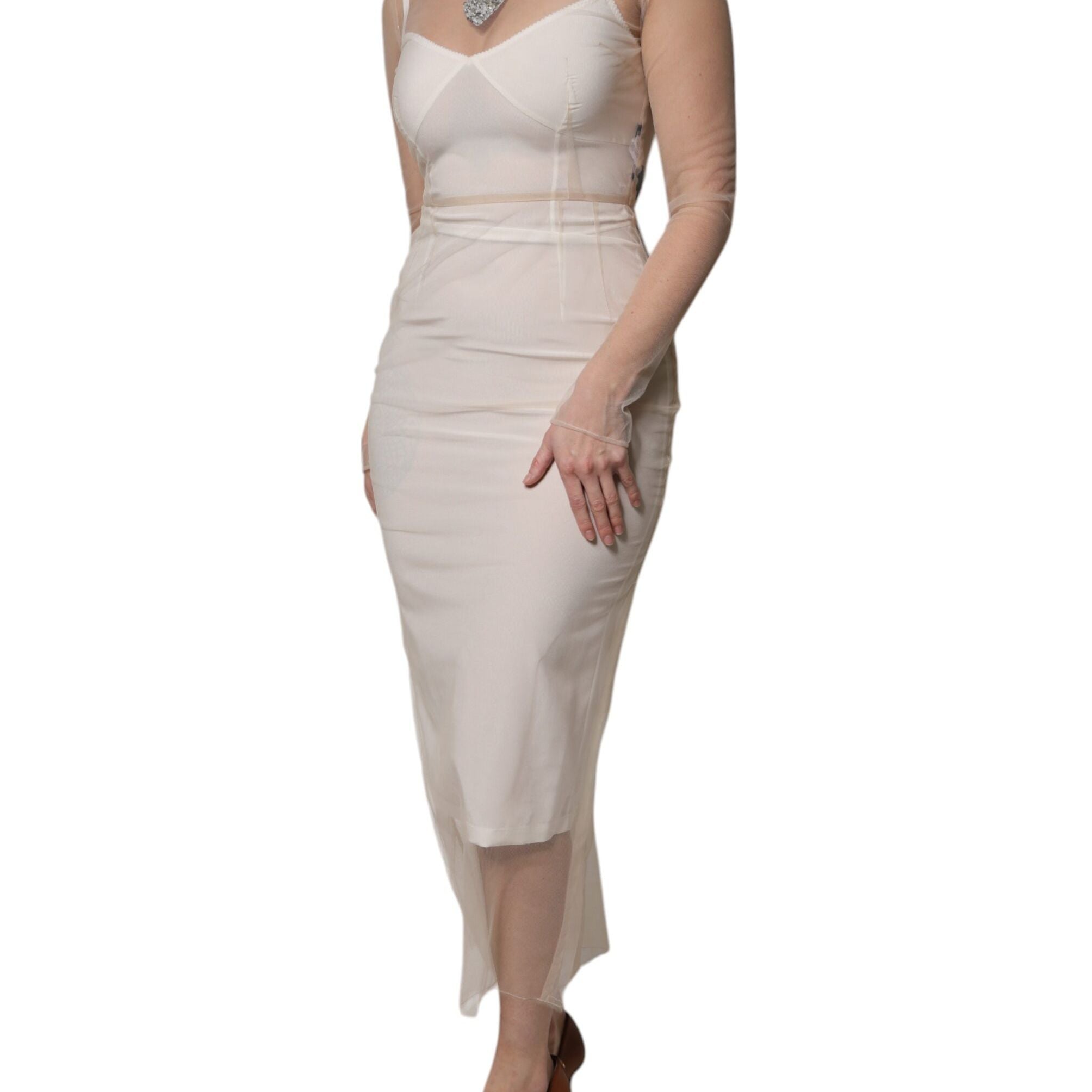 Dolce & Gabbana White Sheer Tulle Bustier Bodycon Midi Dress