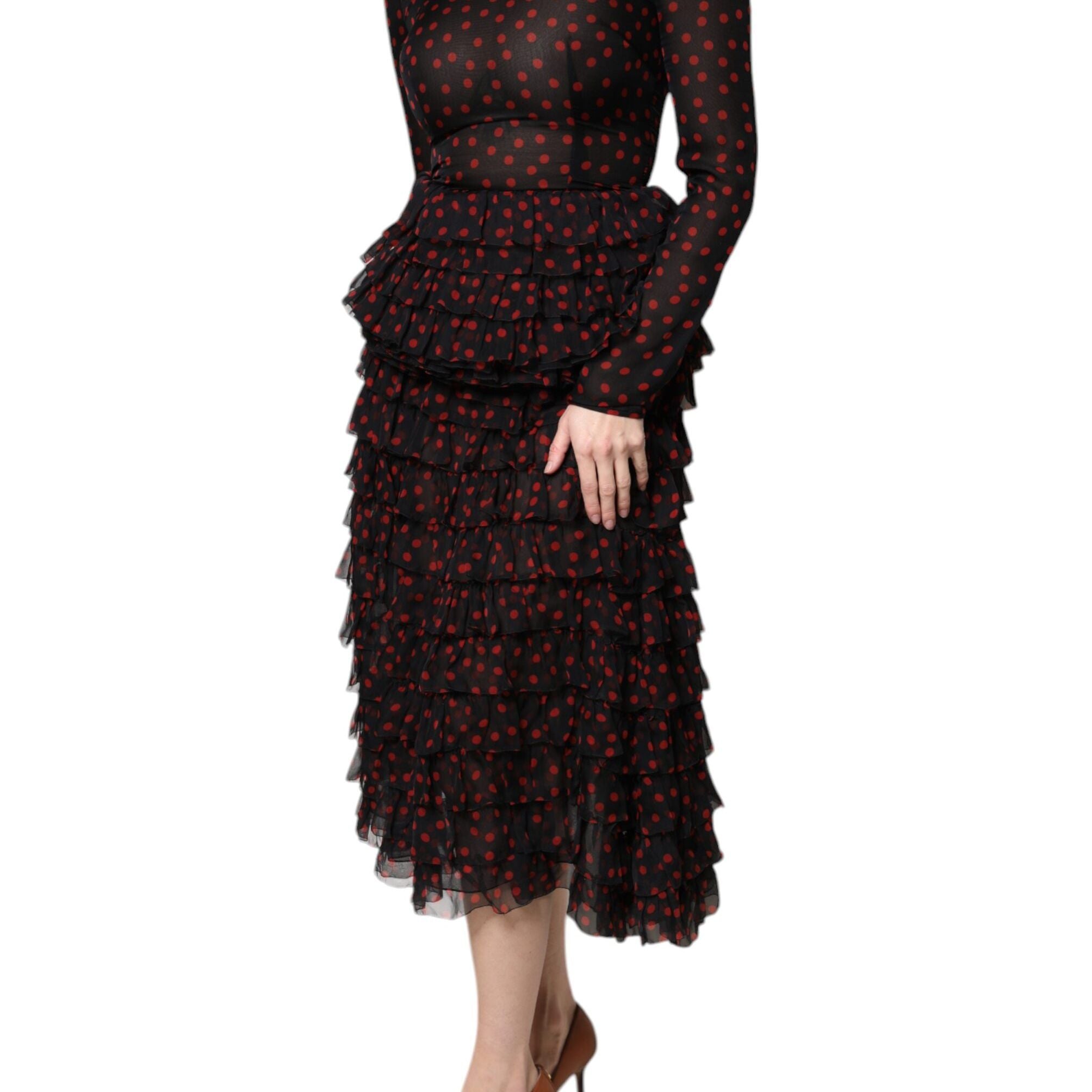 Dolce & Gabbana Black Red Polka Dot Silk Layered Midi Dress