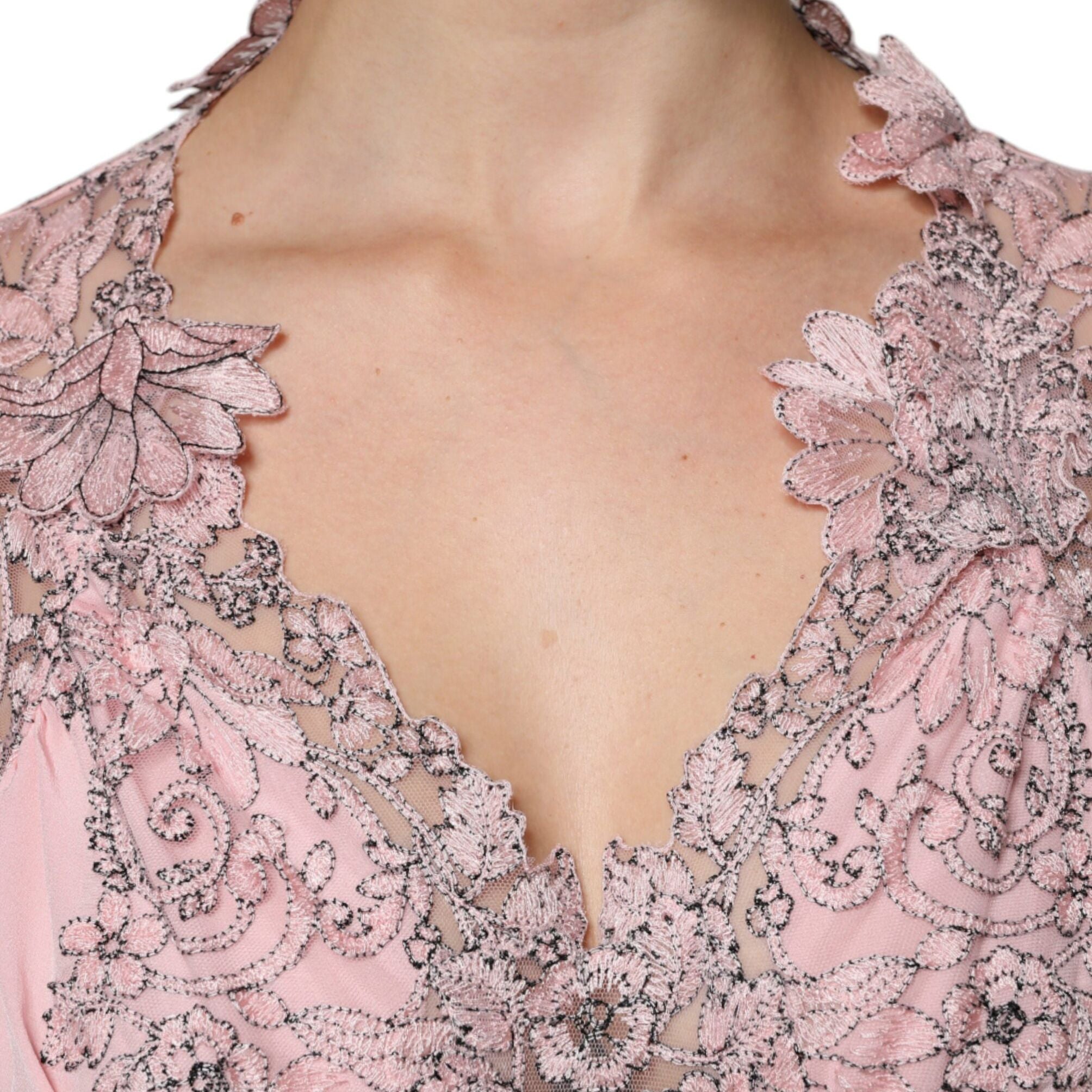 Ermanno Scervino Pink Floral Lace Short Sleeves V-neck Midi Dress