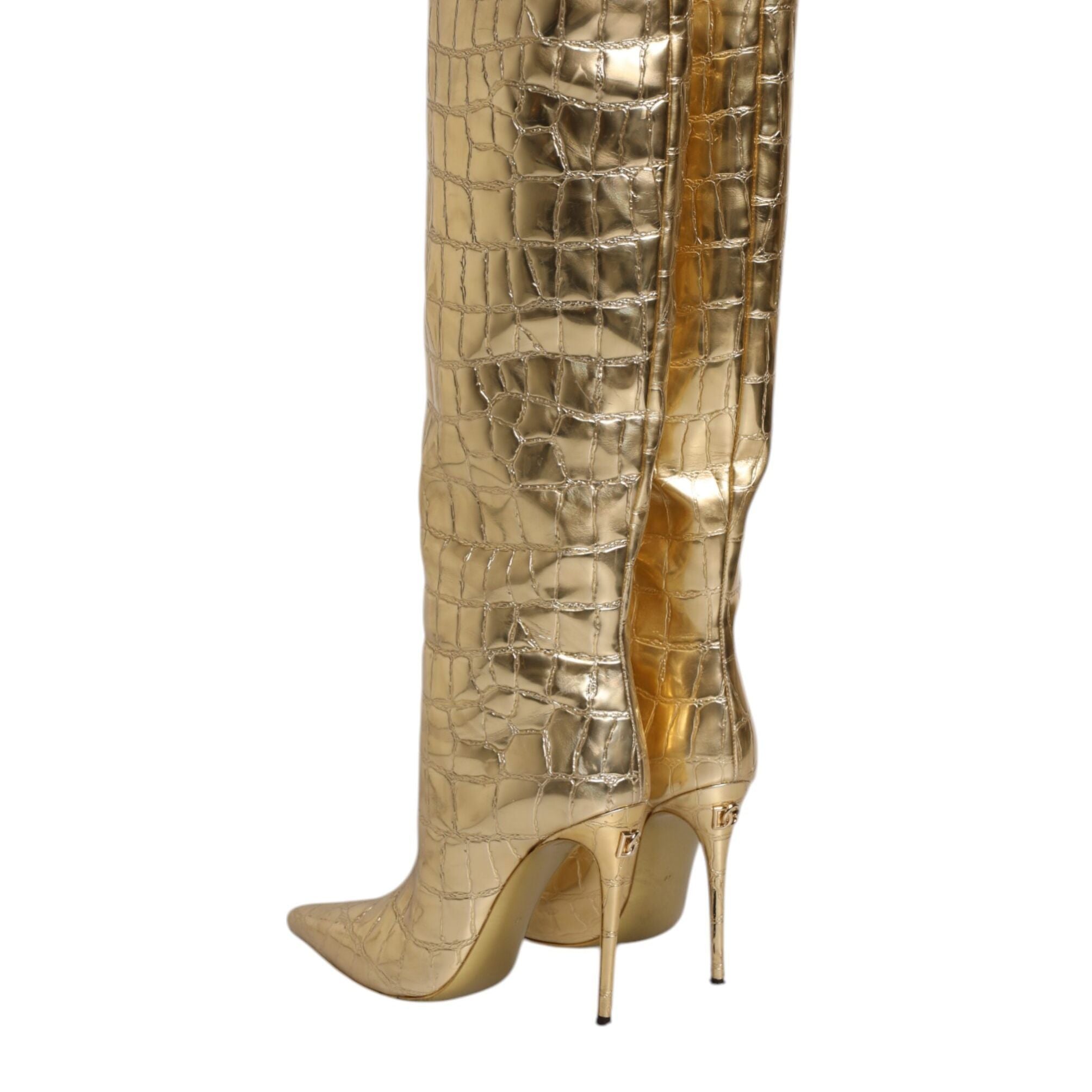 Dolce & Gabbana Gold Leather Stiletto Heels High Boots Shoes