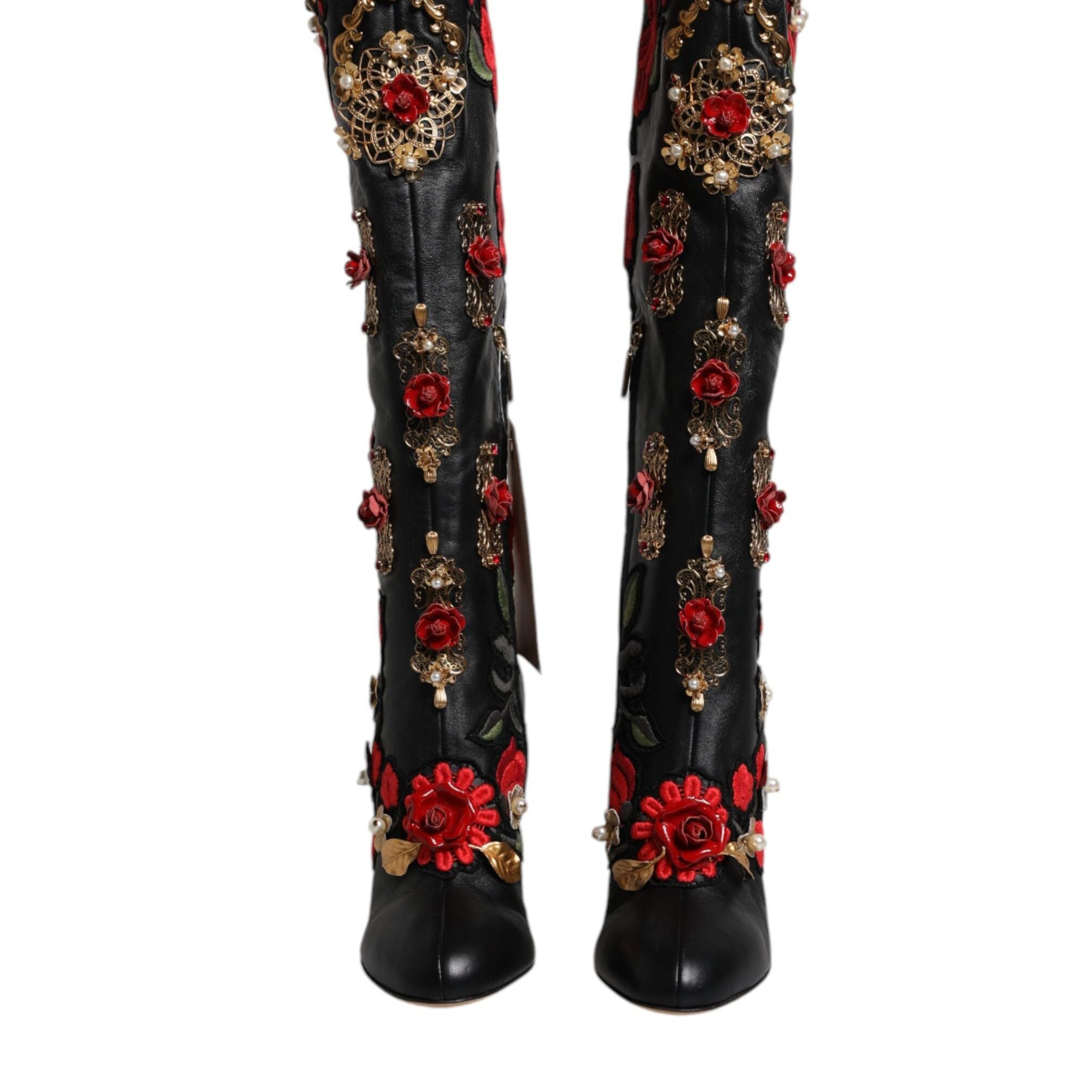 Dolce & Gabbana Black Roses Embellished Leather Heel Boots Shoes