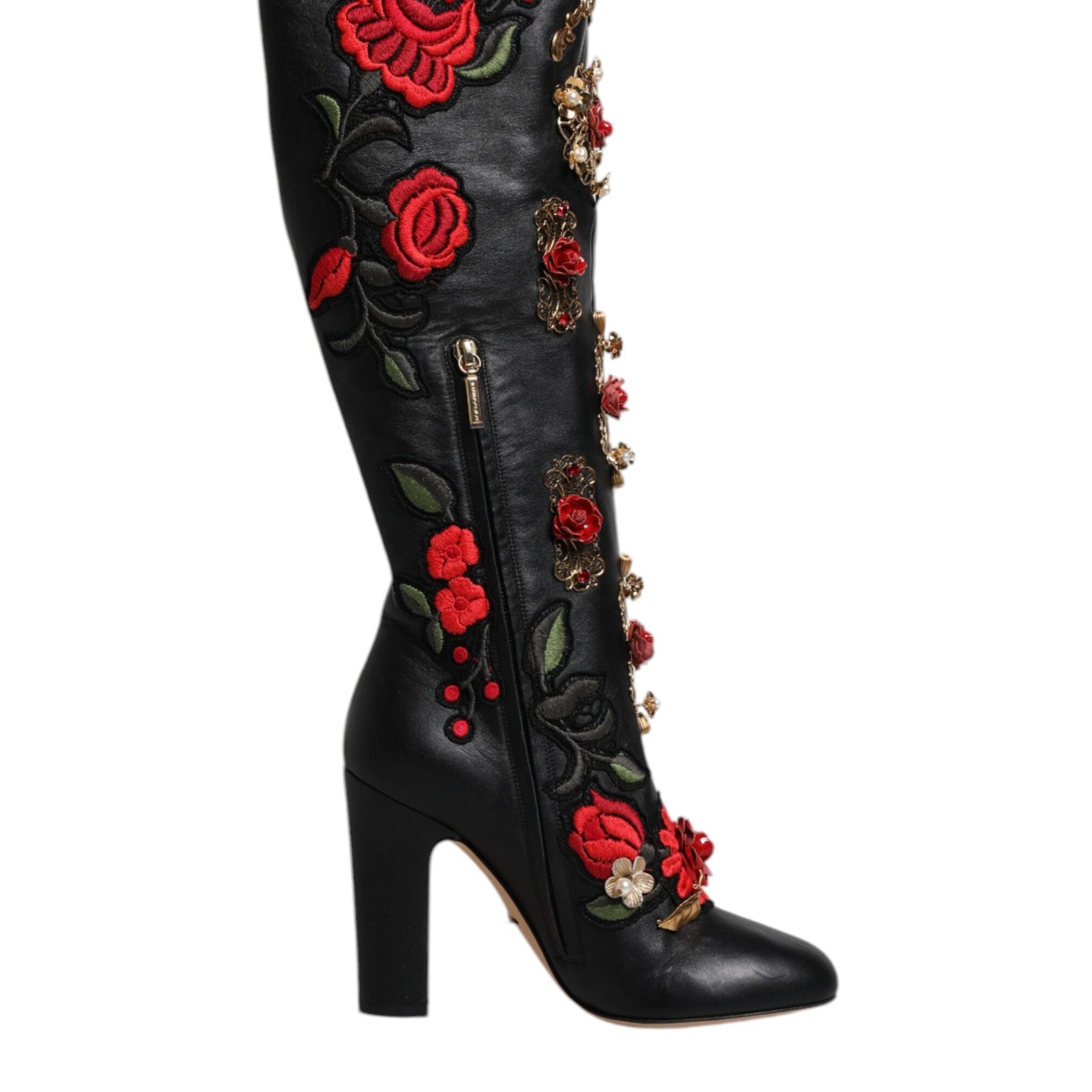 Dolce & Gabbana Black Roses Embellished Leather Heel Boots Shoes