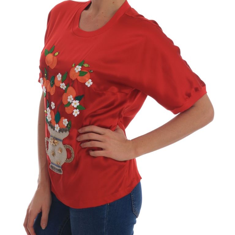 Dolce & Gabbana Red Silk Oranges Floral Crystal Blouse