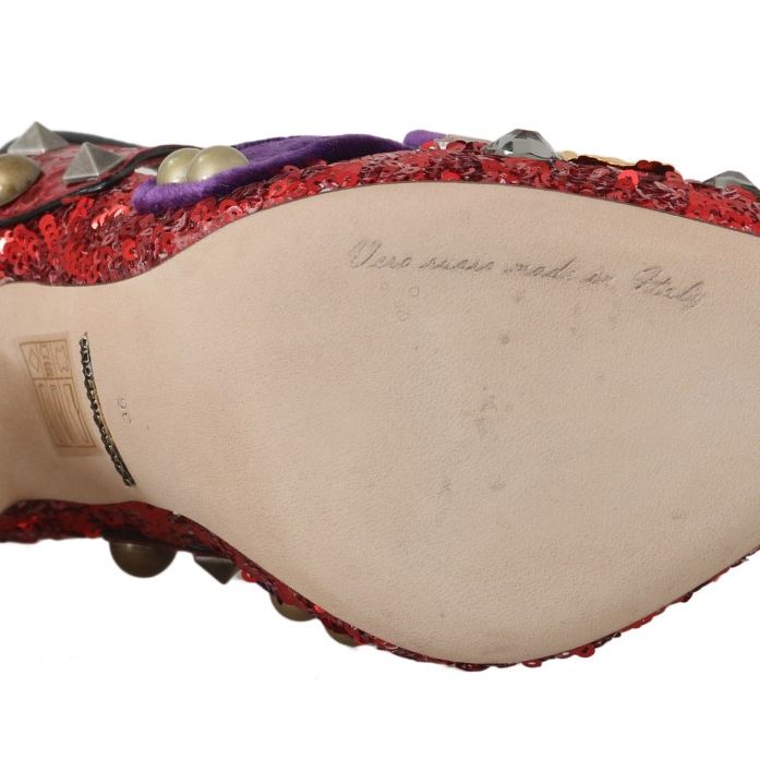 Dolce & Gabbana Red Sequined Crystal Studs Heels Shoes