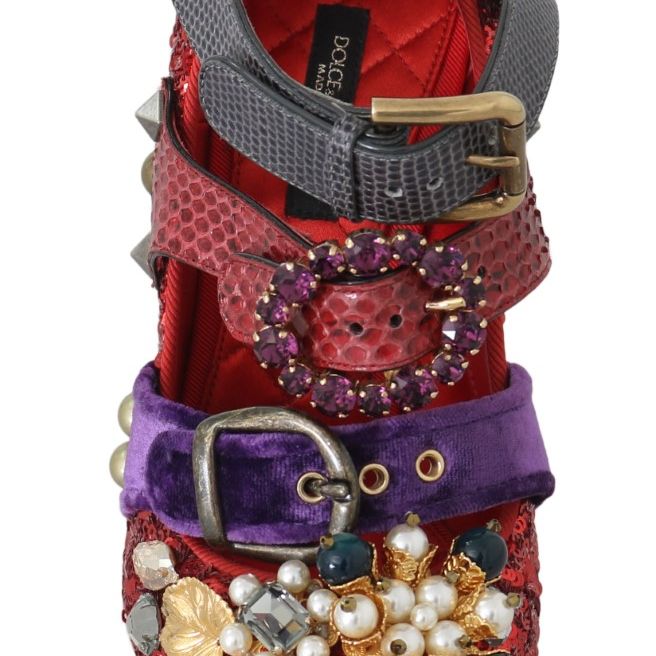 Dolce & Gabbana Red Sequined Crystal Studs Heels Shoes