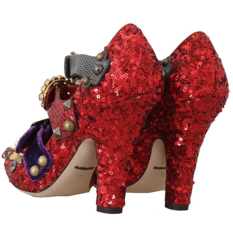 Dolce & Gabbana Red Sequined Crystal Studs Heels Shoes