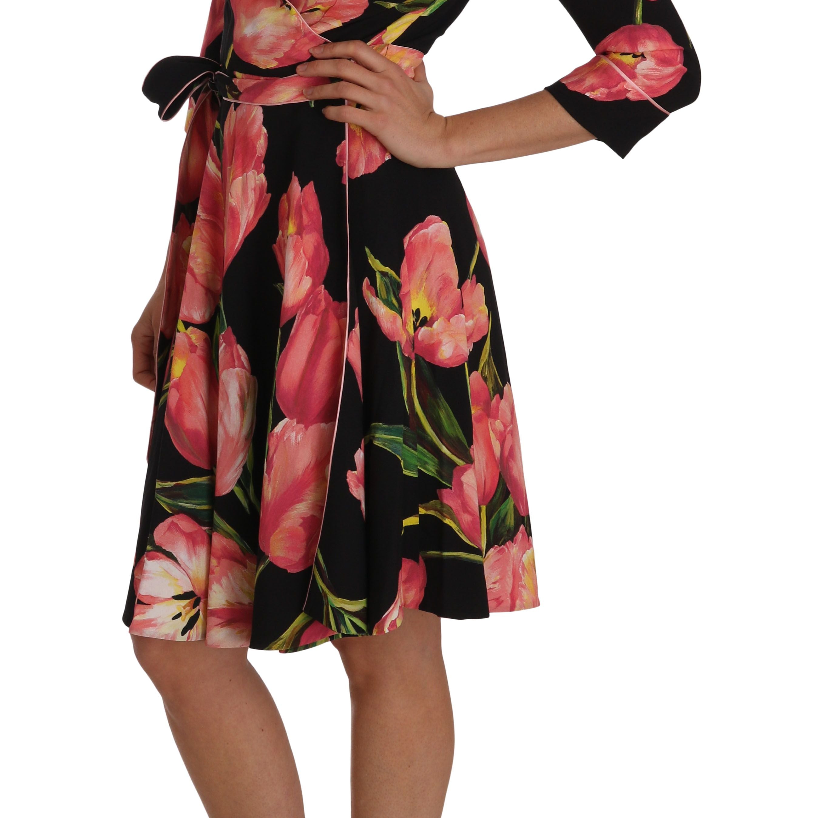 Dolce & Gabbana Black Pink Tulip Print Stretch Shift Dress
