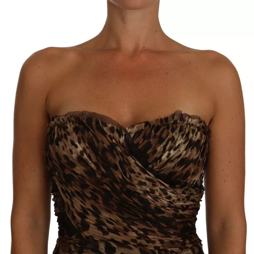 Dolce & Gabbana Brown Leopard Silk Chiffon Ruched Mermaid Maxi Dress