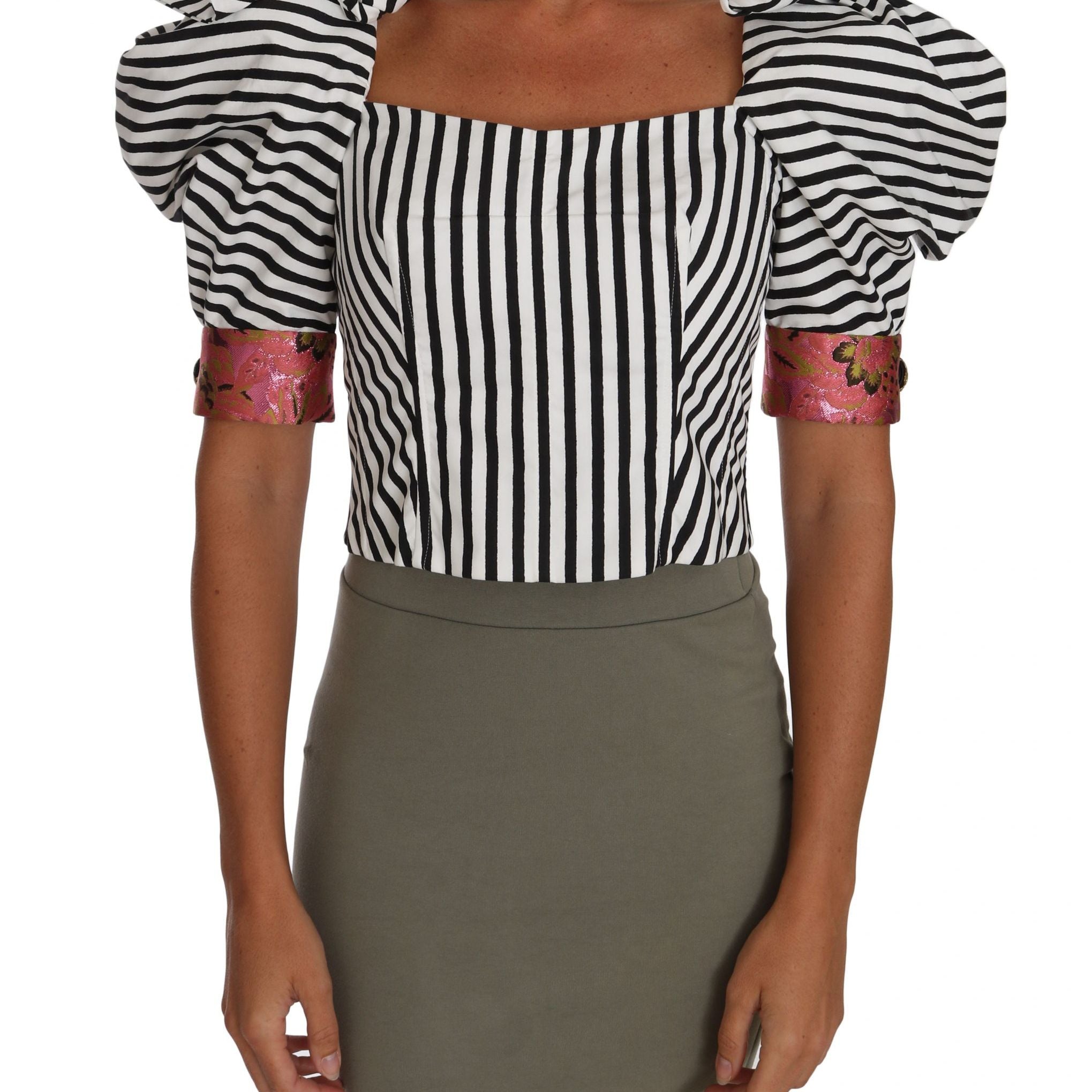 Dolce & Gabbana White Black Striped Cropped Top Puff Sleeve Shirts