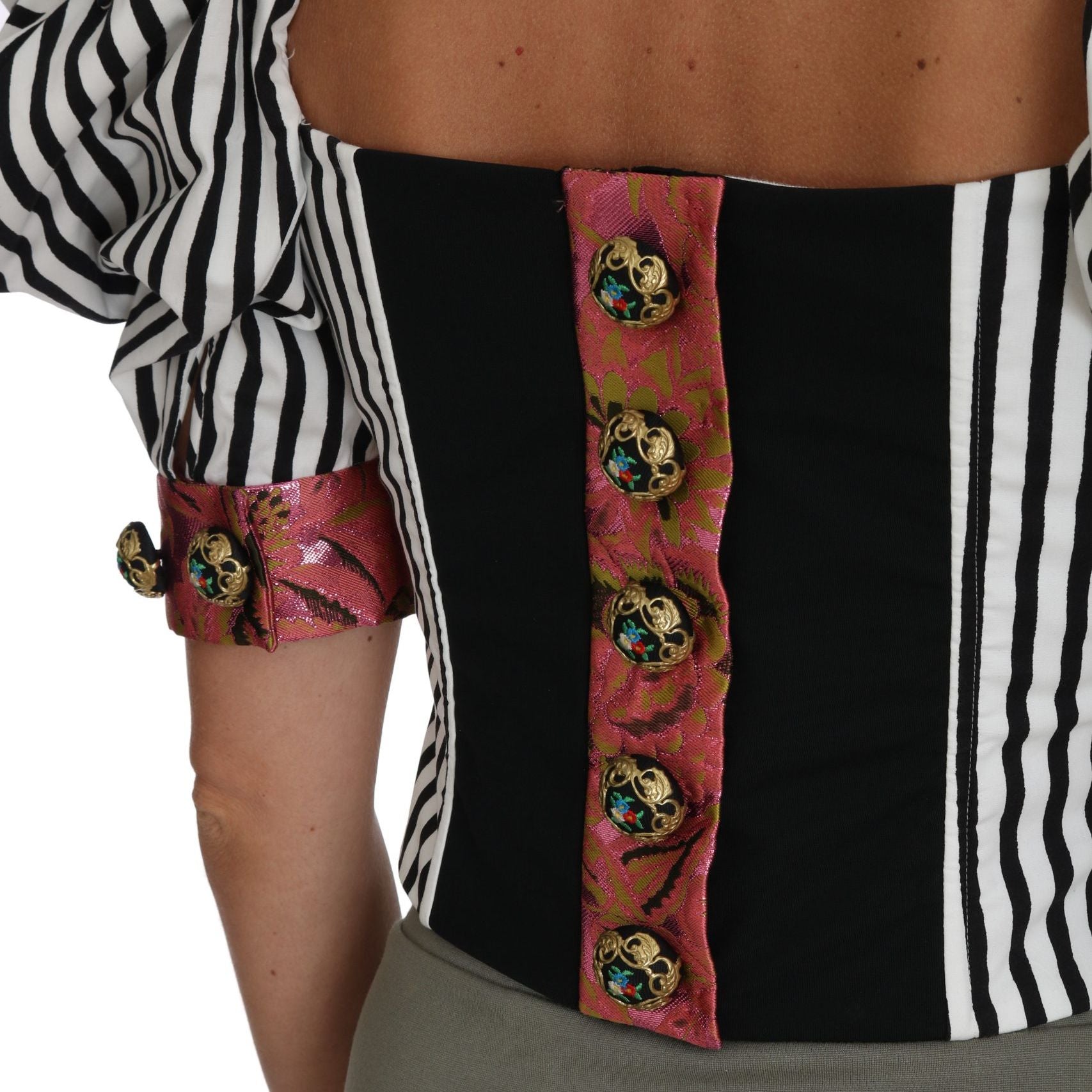 Dolce & Gabbana White Black Striped Cropped Top Puff Sleeve Shirts