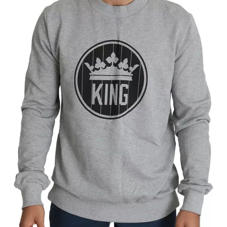 Dolce & Gabbana Gray Crown King Print Cotton Pullover Sweater